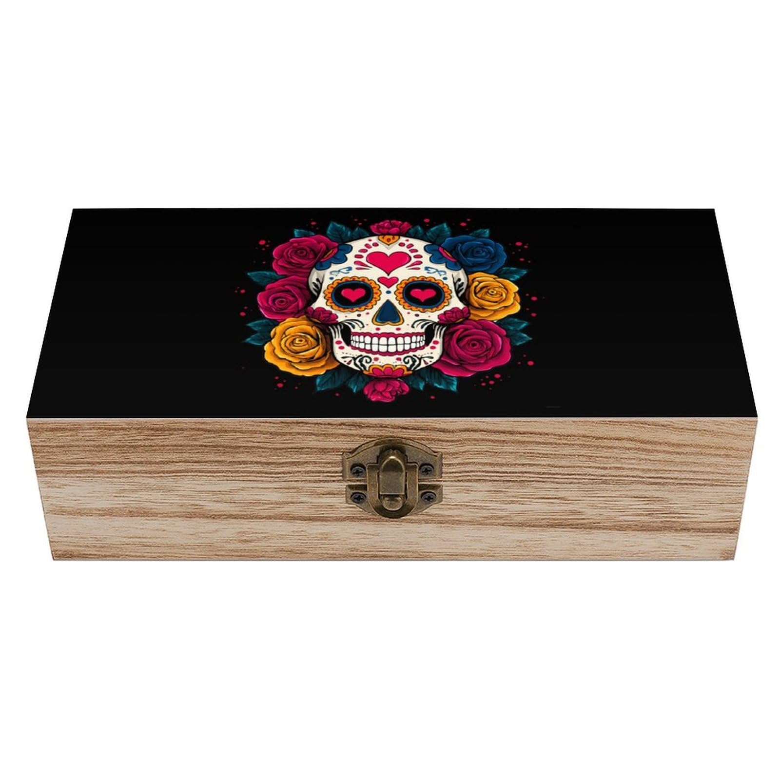 Skull Floral Wooden Box with Hinged Lid Decorative Storage Case Container