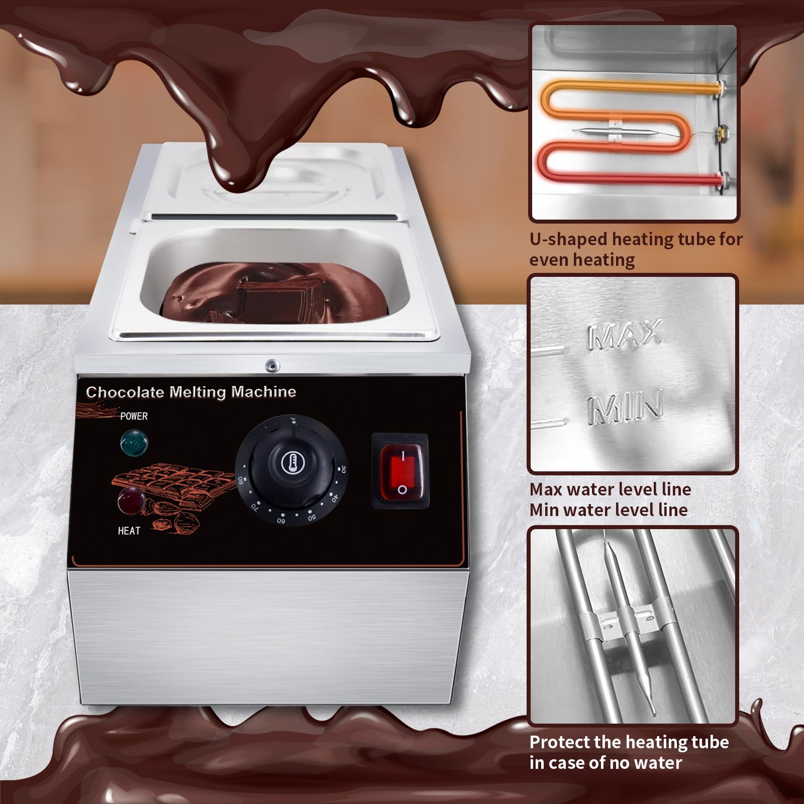 Cioccolato Crogiolo 600W Commerciale Elettrico Auto Cioccolato Riscaldatore Liquido In Acciaio Inox 2 Serbatoi per Casa Commerciale