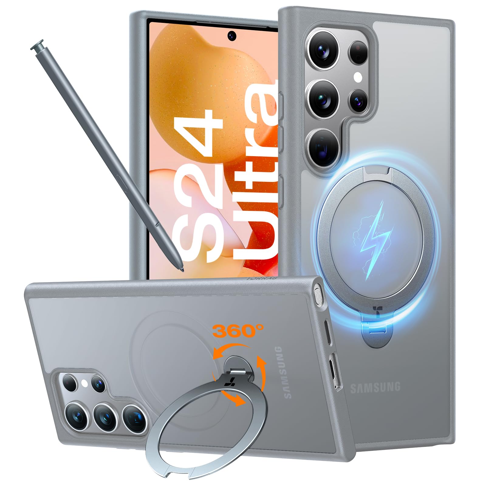 TORRAS 360°Spin Magnetic Kickstand for Samsung Galaxy S24 Ultra Case, Compatible with Magsafe, Military Grade Shockproof Slim Protective S24 Ultra Phone Case with Stand&Ring Holder, Ostand Spin, Grey