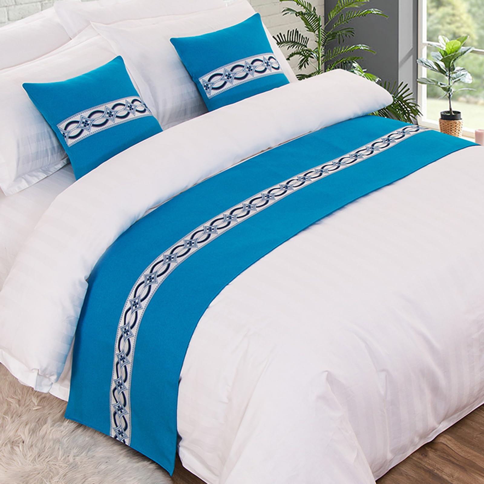QRGMKL Graphic Print Bed Runners King Size, Luxury Bed Scarf Double Bedspread for Bedroom Hotel Home Decoration-Royal Blue||2 Pillowcases(45X45cm)