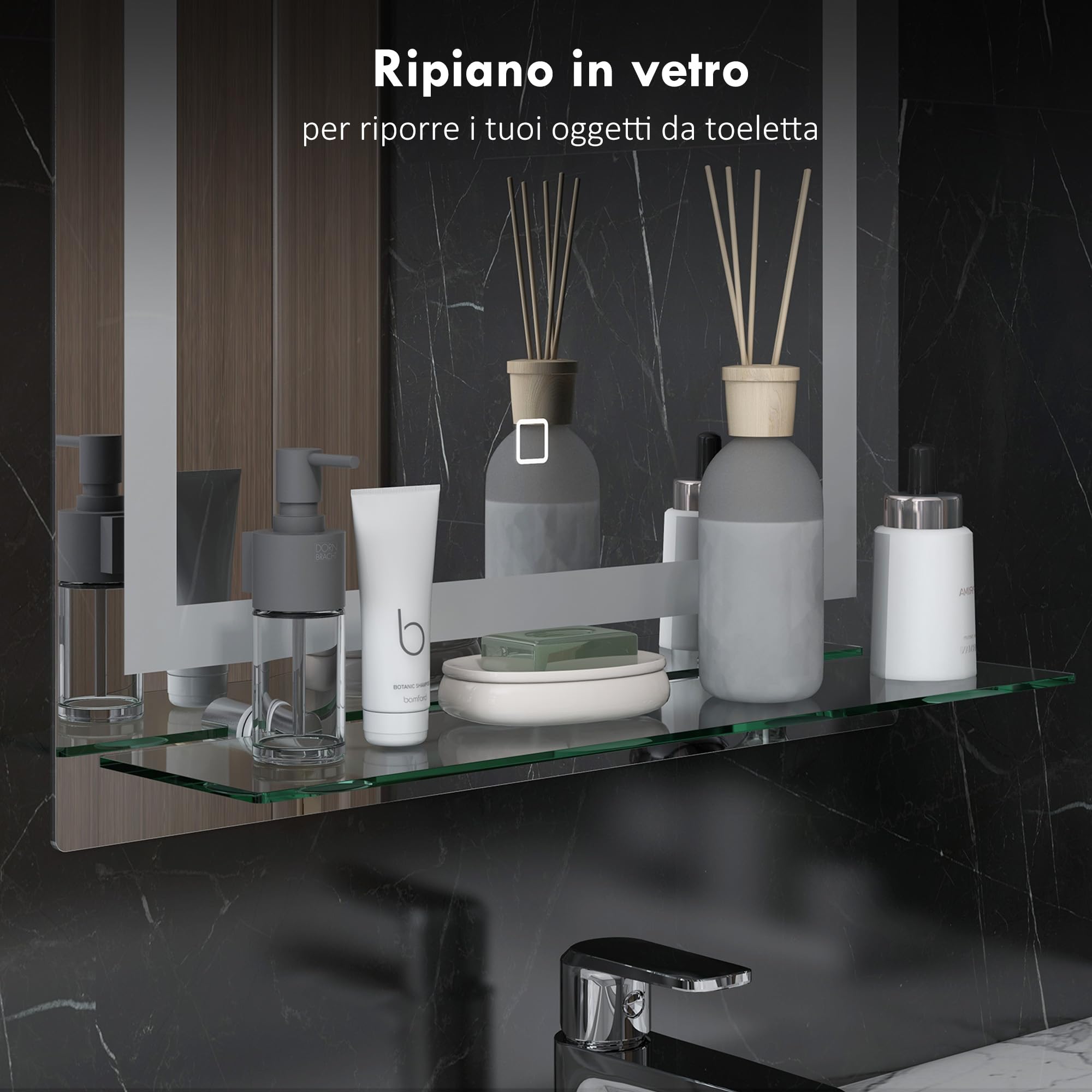 kleankin Specchio per Bagno a Luci LED a 3 Colori Regolabili con Mensola in Vetro, Specchio Illuminato con Funzione a Memoria in Alluminio e Vetro Temperato, 50x12x70 cm, IP44, Argento