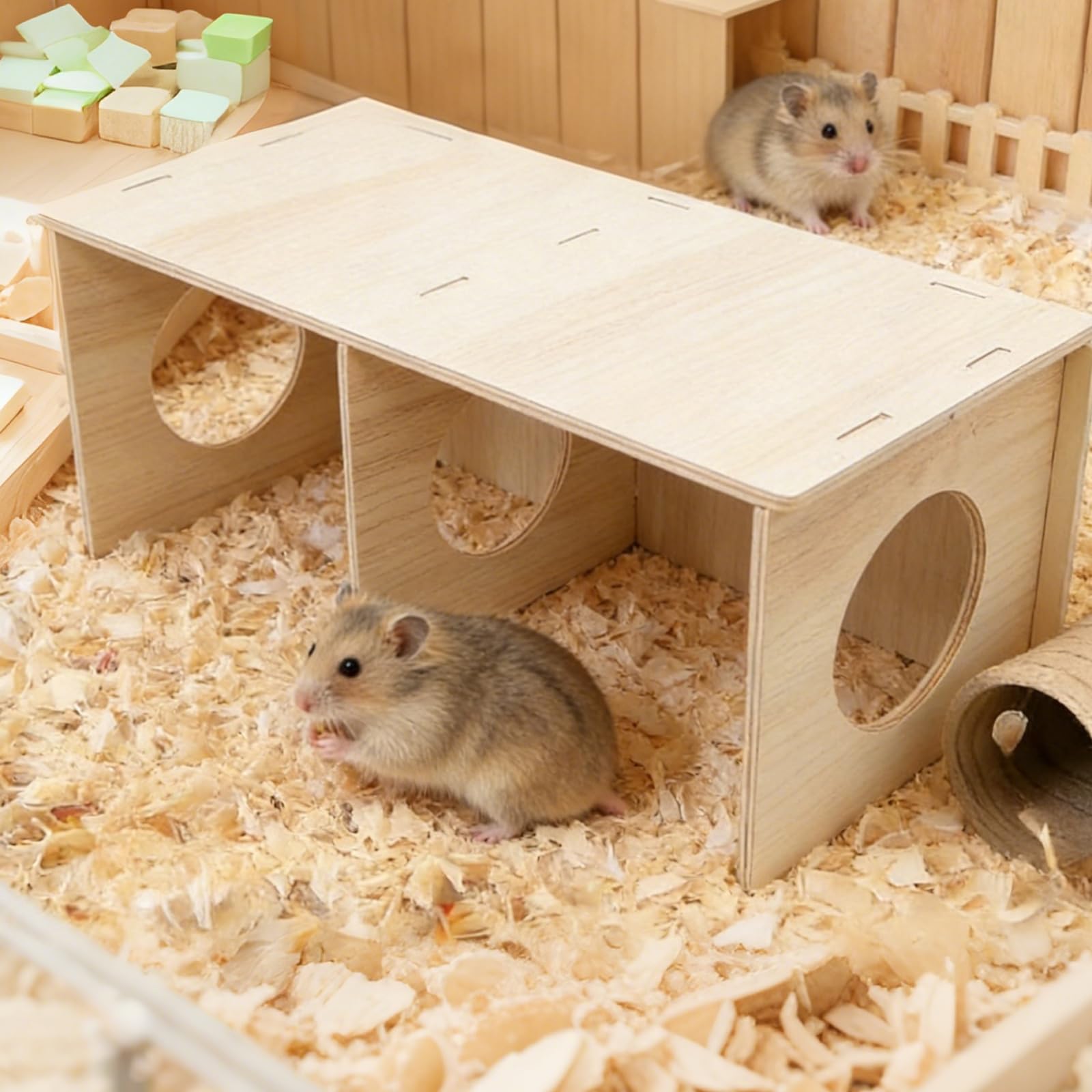 Hamster Haus Aus Holz, Mehrkammernhaus aus Massivholz für Hamster, 2-Zimmer Wasserfest Hamsterhaus mit abnehmbarem Dach, Hamsterversteck und Spielhaus für Zwerghamster, Goldhamster und Kleintiere (-L)