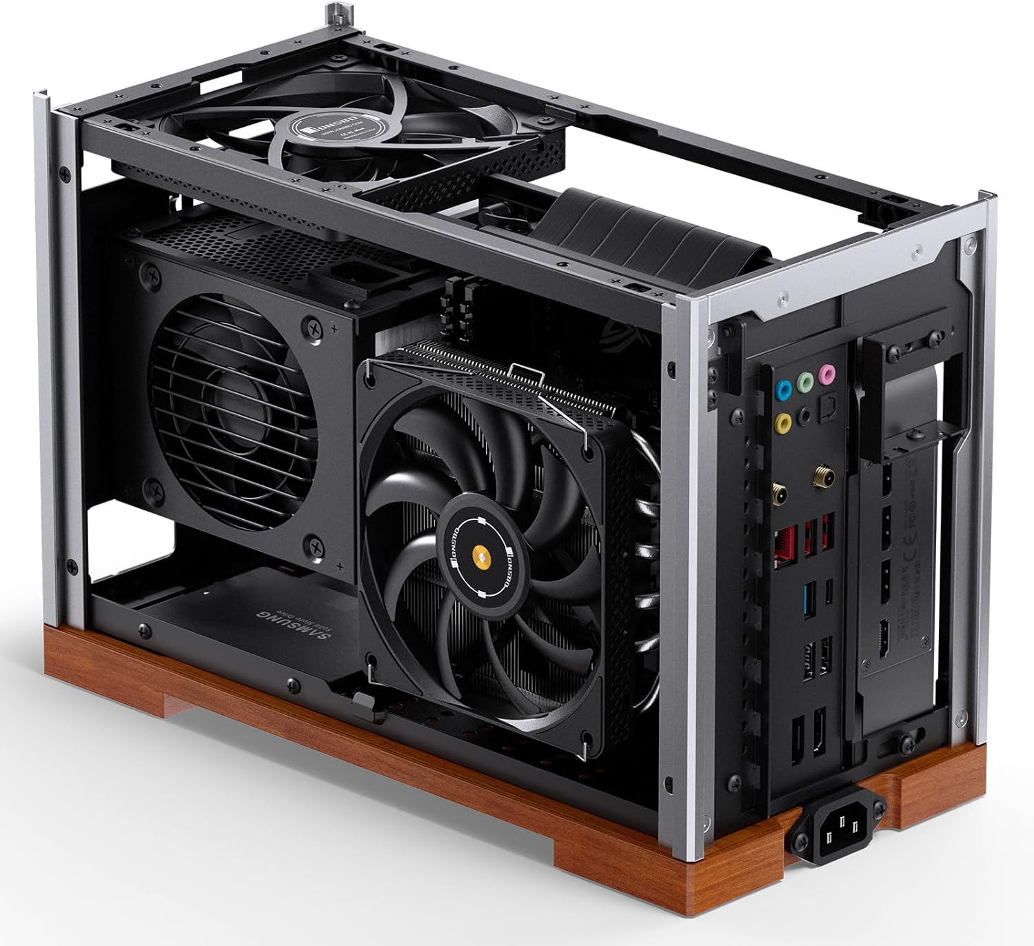 JONSBO T9 Silver Mini ITX PC Case,SFF Tool-Free Mesh Desktop Case,A4 Compartment Structure,Walnut Solid Wood Base,3 Levels Adjustable for MB,4mm AL,SP SFX100mm/GPU202mm-310mm, with PCI-E 5.0 Cable