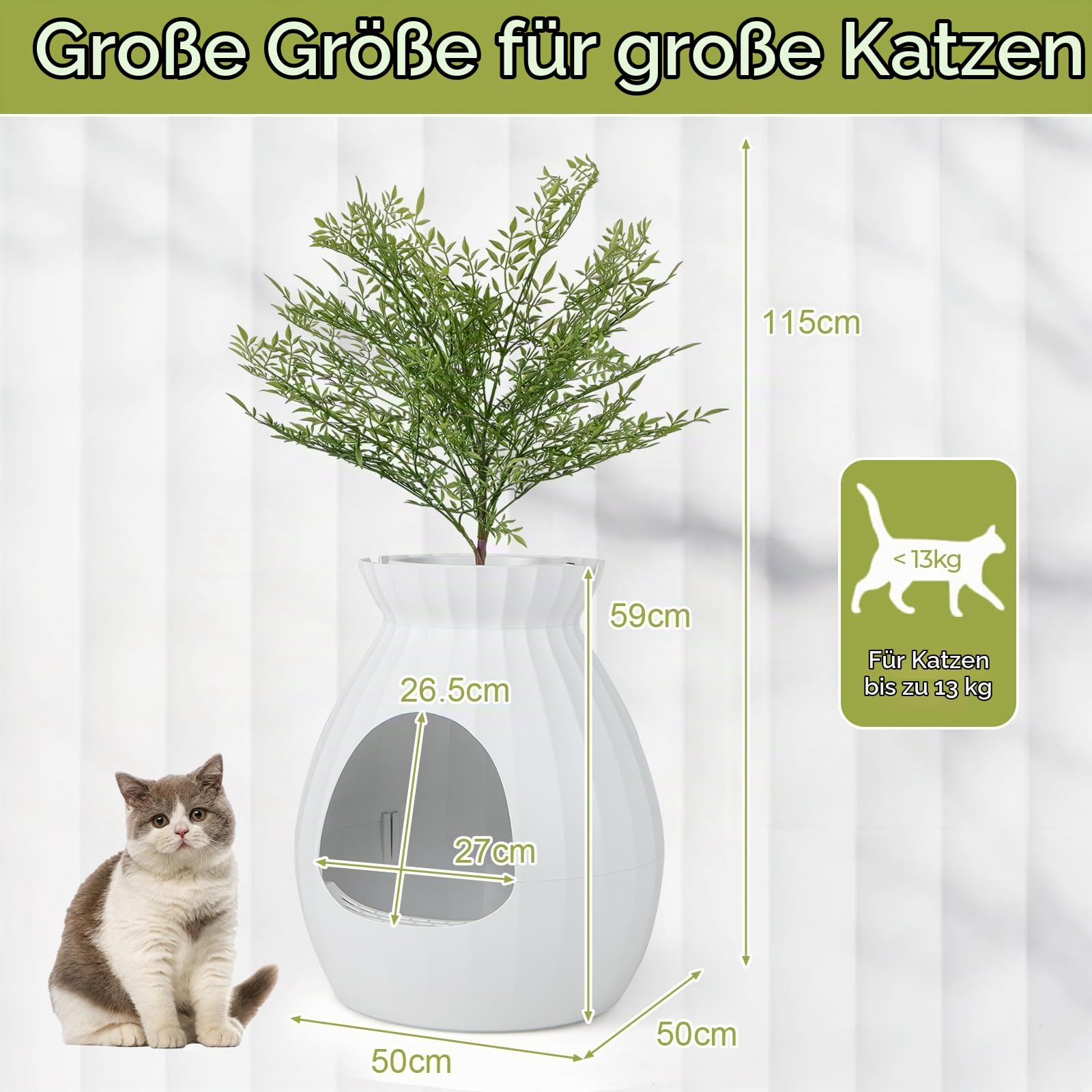 FANTASK 2 in 1 Katzentoilette, 63L intelligente Geruchsbeseitigung & Sterilisation mit Türvorhang, Blumentopf-Stil mit Kunstpflanze, Kieselsteinen & Schaufel