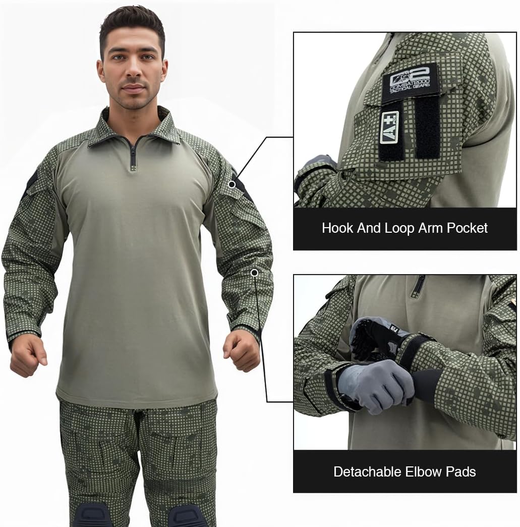 IDOGEAR SPORTS G3 Combat Shirts Men’s Tactical Shirt with Elbow Pads 1/4 Zipper Collar Long Sleeves Top Military Clothing