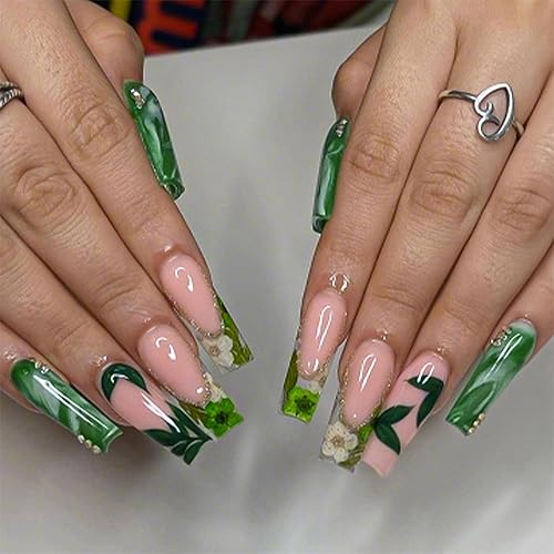 Miniatura 26 de MISUD Uñas postizas cuadradas largas a presión Squoval, uñas postizas brillantes con pegamento, uñas acrílicas coloridas con punta francesa, uñas
