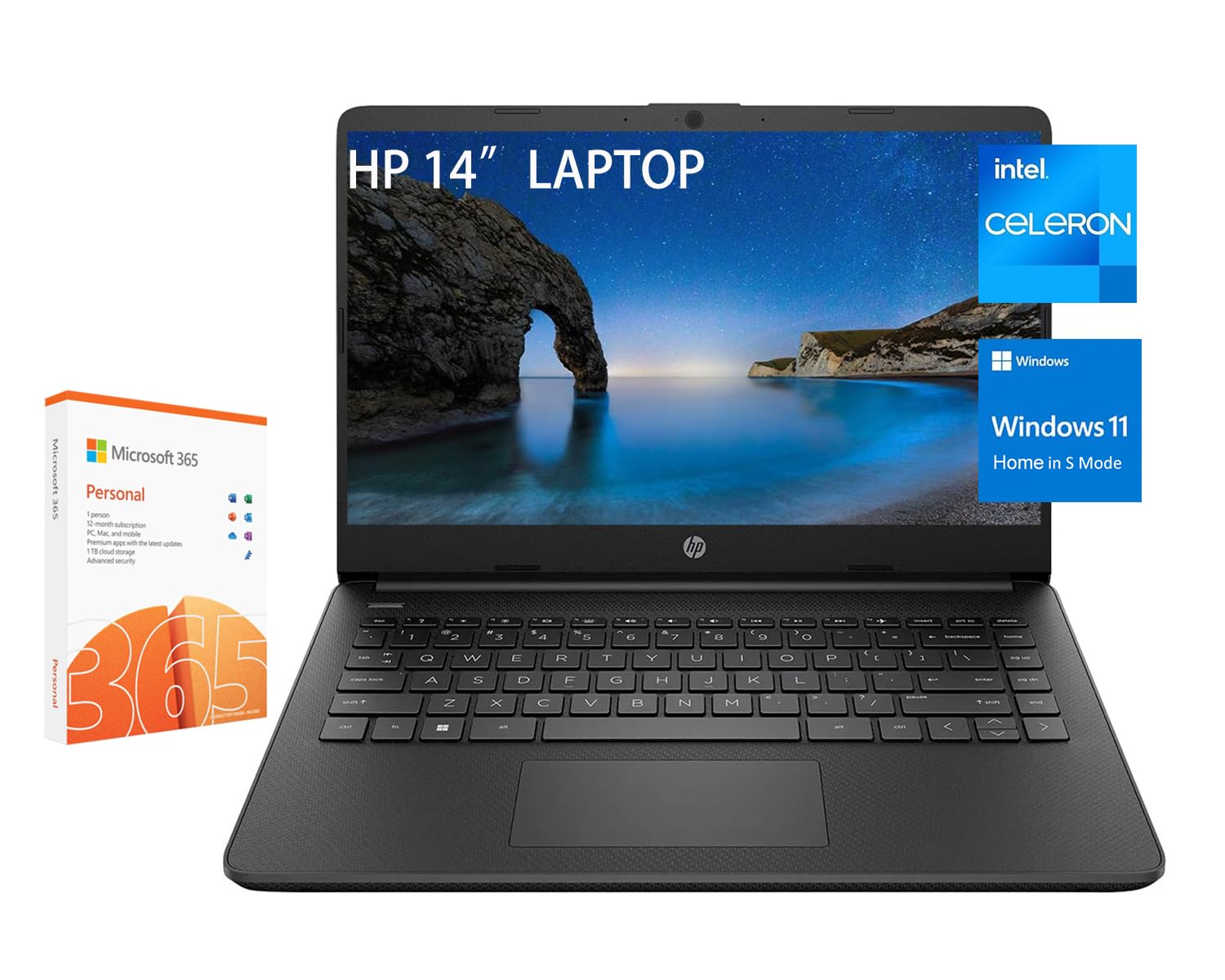 HP Stream 14 Inch Laptop for Student, Intel Celeron N4120, 8GB RAM, 128GB eMMC, Microsoft 365, 720p Webcam, Windows 11 S, Long Battery Life, with 5ave Accessories, Black