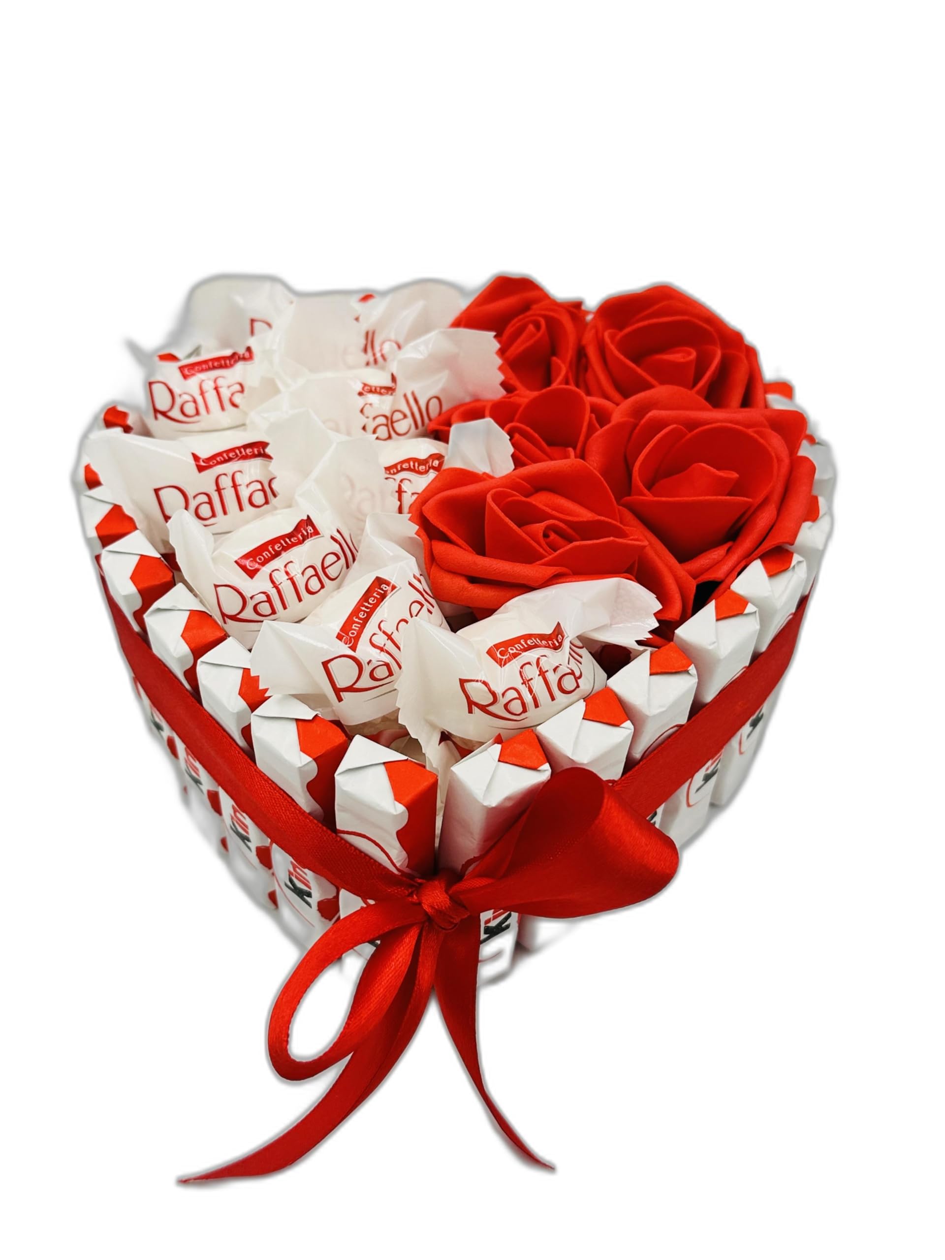 Tort ze Słodyczy Kinder Raffaello w Kształcie Serca z Czerwonymi Różami, Prezent na Urodziny i Walentynki