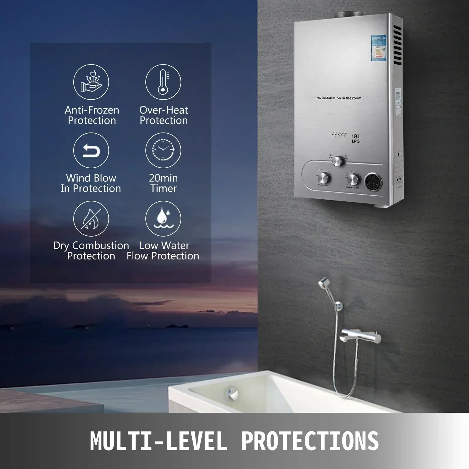 Calentador de agua caliente sin tanque, 6L-18L portátil de gas propano calentamiento instantáneo para baño, uso al aire libre, camping y viajes, eficiencia energética, diseño compacto
