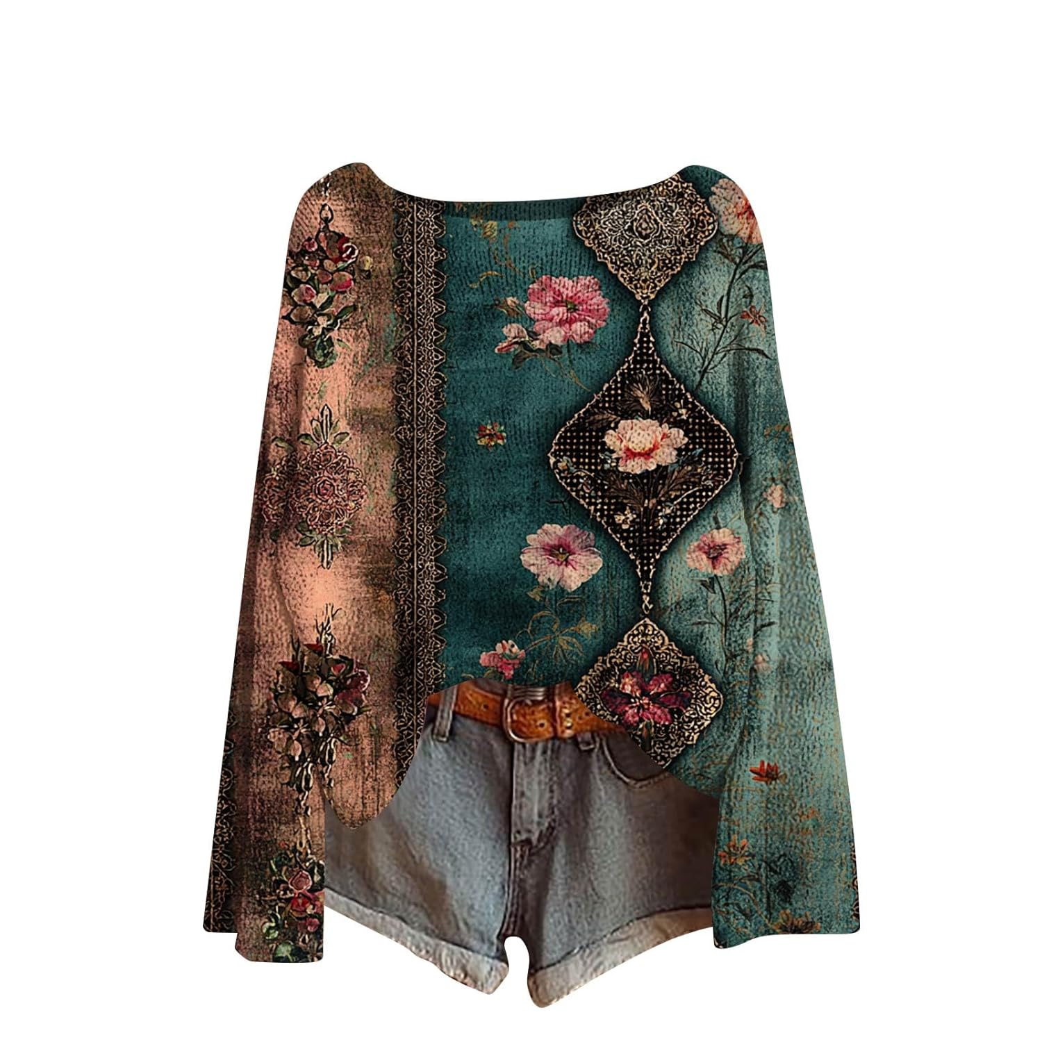 Fall Sweaters for Women Vintage Print Round Neck Lightweight Sweater Casual Long Sleeve Knit Pullover Jumper Tops