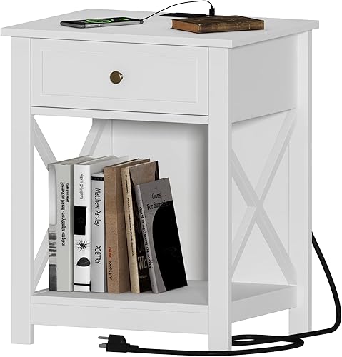 Treocho Mesa auxiliar blanca con estación de carga, mesa auxiliar X-Design con 2 tomas de corriente alterna y USB, mesita de noche pequeña con cajón