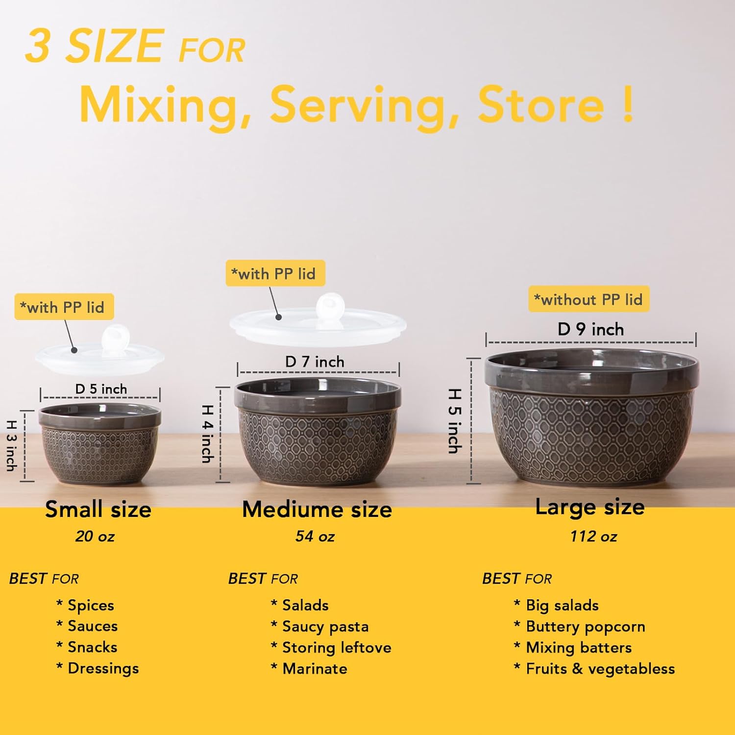 Ceramic Mixing Bowls 3-Piece: Nesting Ceramic Bowls with Lids - Microwave Safe for Kitchen Baking and Serving - Ideal for Home Bakers (Grey)