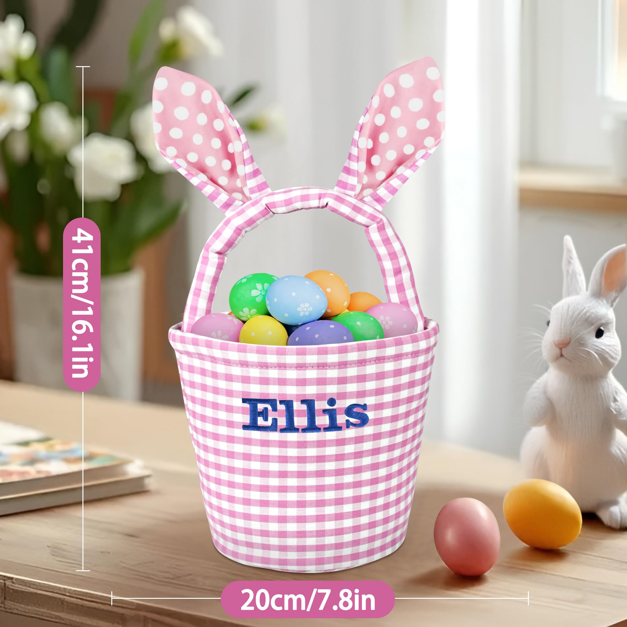 Personalized Easter Basket, Eremovd Easter Baskets for Kids, Bunny Easter Basket, Easter Egg Hunt Basket, Idea Easter Gifts, Easter Egg Basket - Bunny Pink Grid Basket