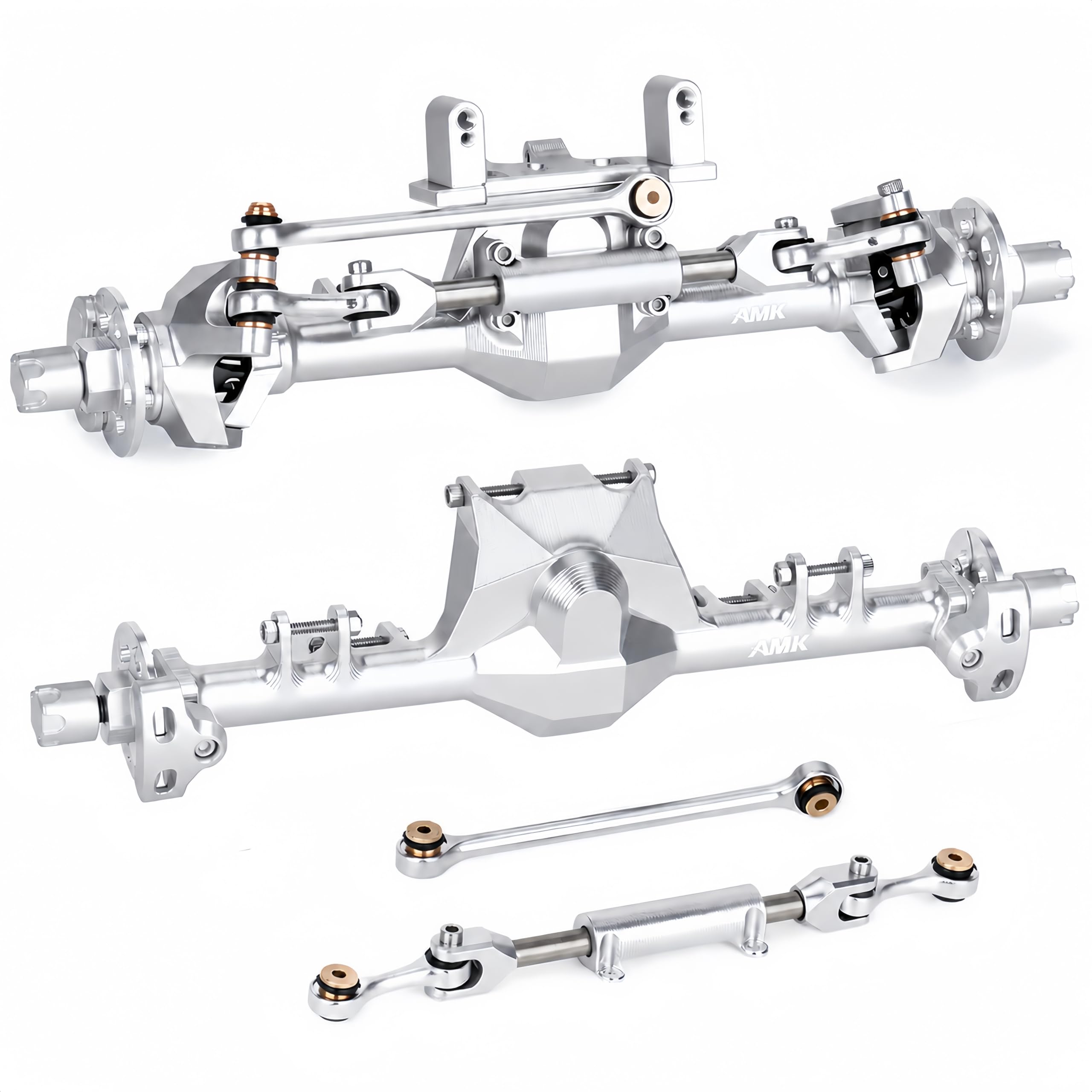 AMK SCX24 Front & Rear CNC Aluminum Axle, +18mm Wider Metal Straight Axles, Hydraulic Steering Link, Adjustable Servo Mount, 2/16T Worm Gears for Axial SCX24 1/24 RC Crawler Upgrades (Silvery)