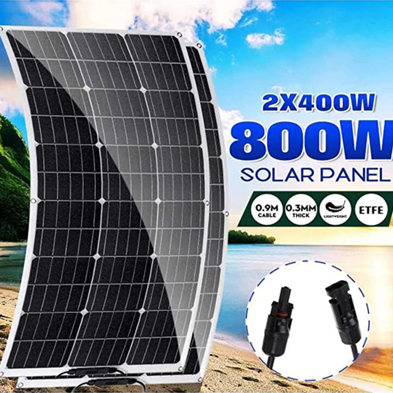 Kit pannello solare 2x400W 18V Kit pannello solare mono pannello solare Kit di ricarica batteria con regolatore di carica 40A e cavi solari 2M per roulotte, camper, barche e qualsiasi superficie pia