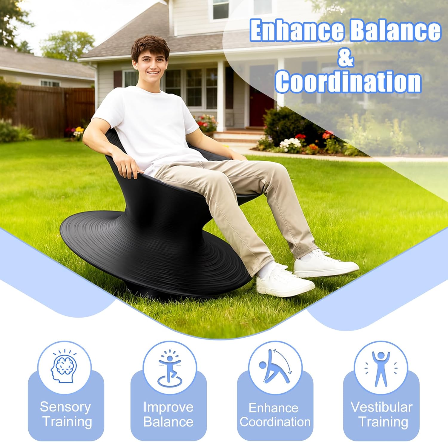 360° Rotating Gyro Spun Chair for Adults & Kids – 36" PE Swivel Chair for Indoor & Outdoor Play, Spinning Seat for Backyard, Playground, or Mall (Black, Adult)