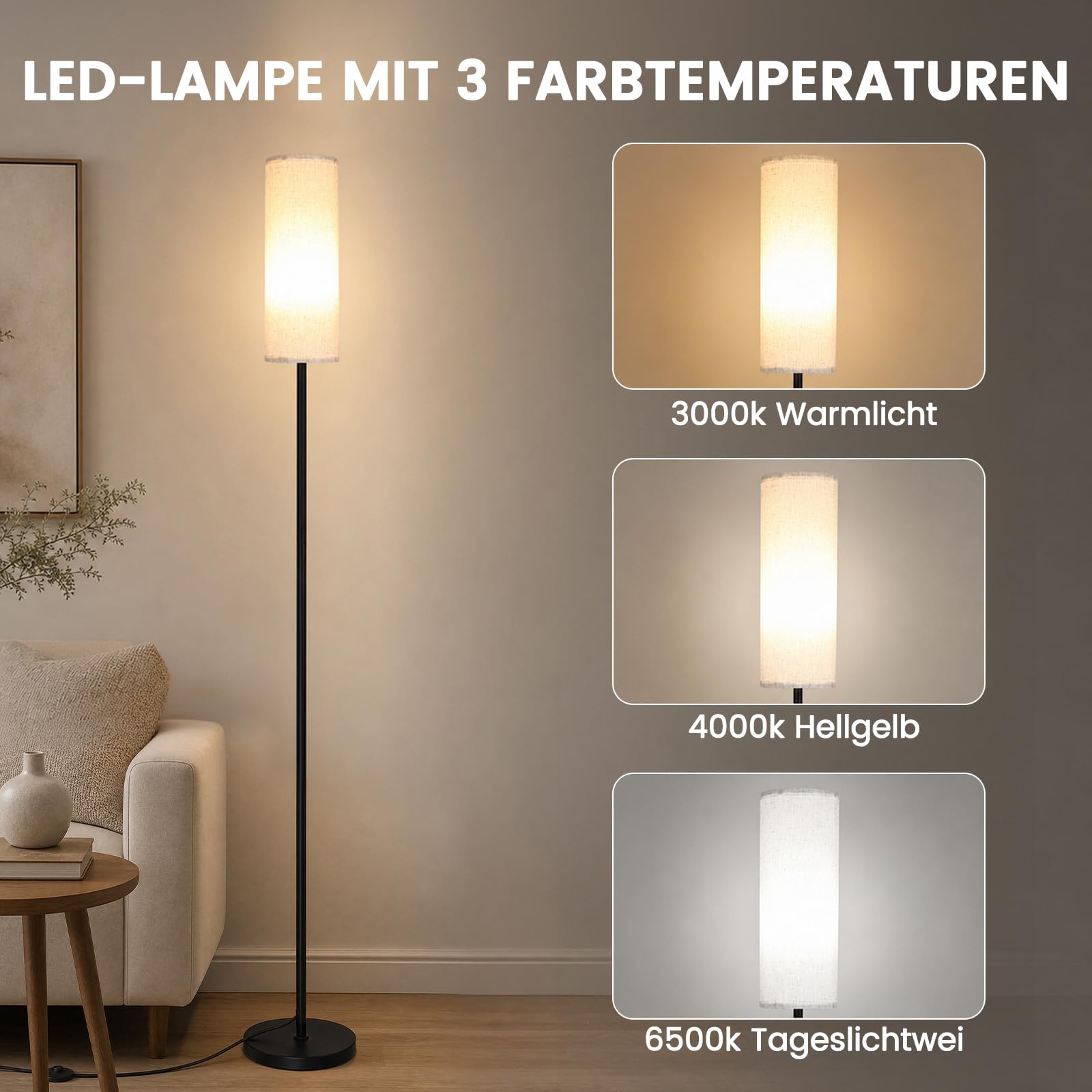 Stehleuchte mit Leinenschirm, 172 cm moderne Stehleuchte mit RGB Smart LED Lampe, Fernbedienung und stufenloser Dimmfunktion für Wohnzimmer, Schlafzimmer, Büro oder Ecke