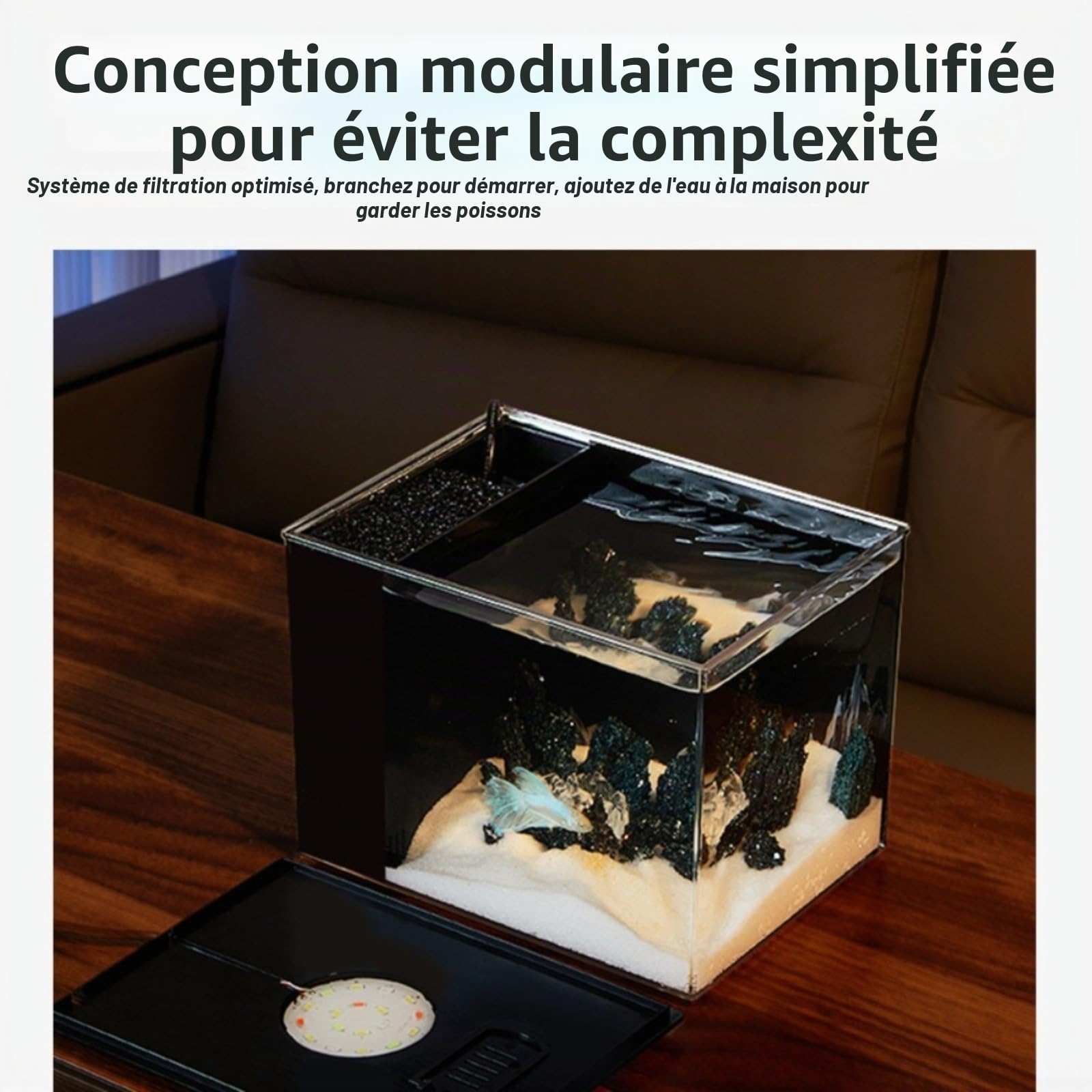 Aquarium de table avec filtre latéral, filtration améliorant l'oxygène, pompe de débit 160 l/h, luminosité réglable à 10 niveaux et éclairage LED (S)