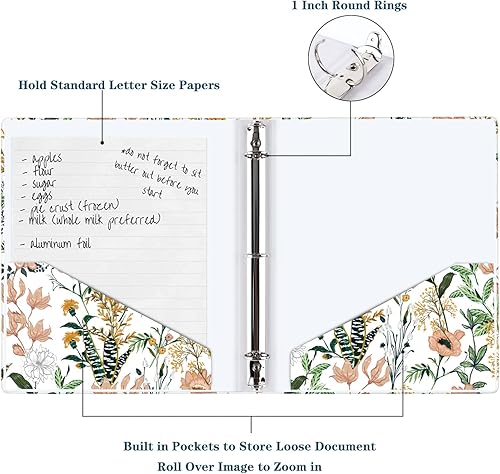 Vista 16 de WAVEYU Bonita carpeta de 3 anillos de 1 pulgada con bolsillos interiores tamaño carta para suministros de oficina escolar, flor gris