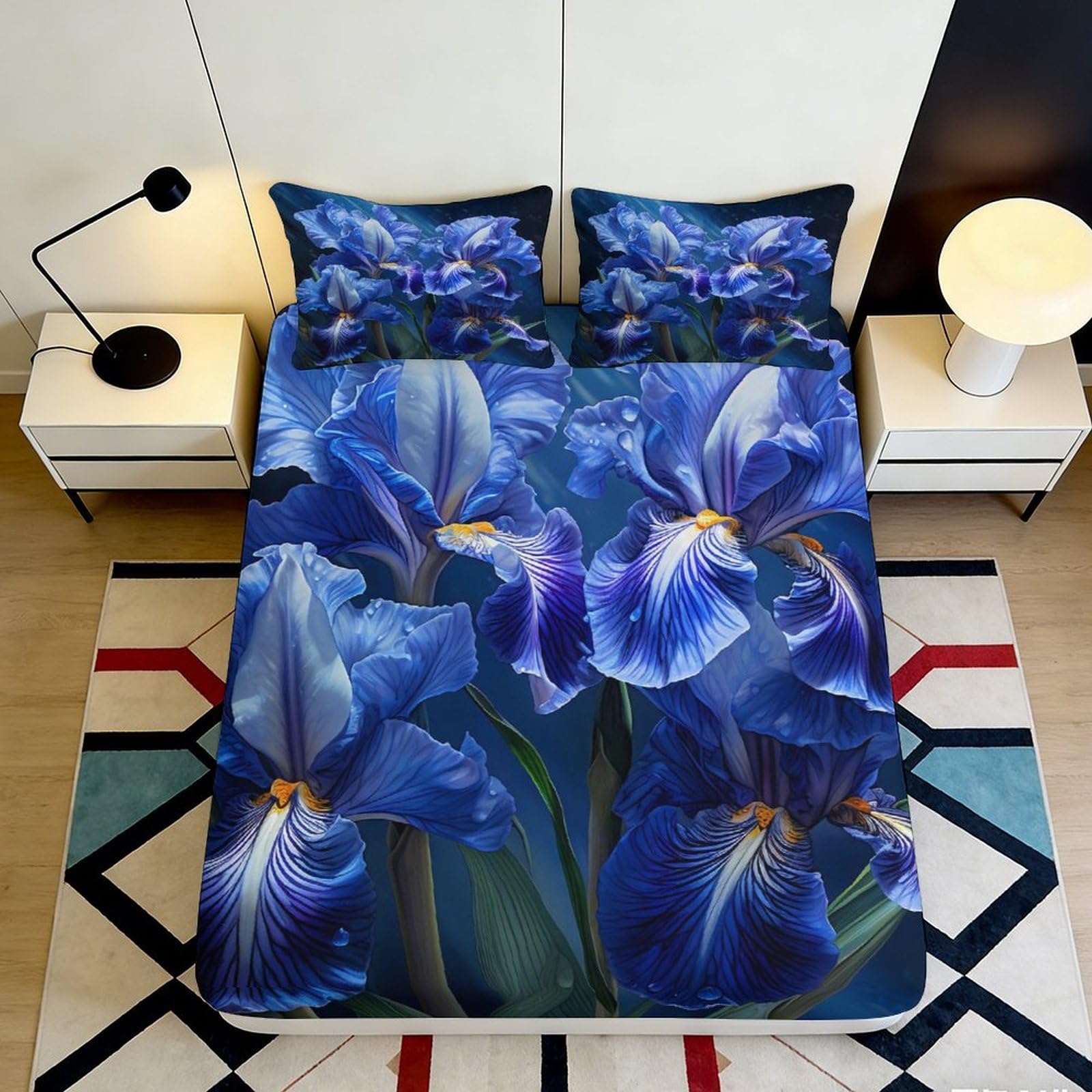 3D Printed Blue Iris Fitted Sheet Microfiber Soft Botanical Mattress Cover for Bedroom Dorm Dustproof Decor Easy Care 90x200x25cm