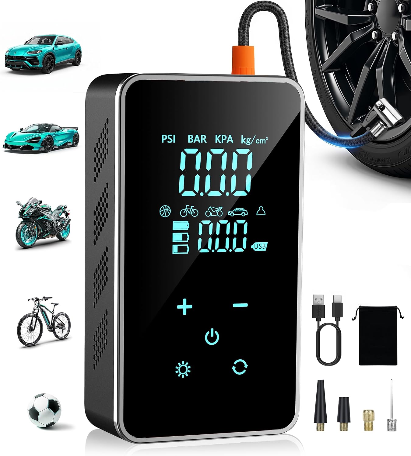 Tire Inflator Portable Air Compressor, 150 PSI Cordless Air Pump for Car Tires, Bike Pump with Tire Pressure Gauge, LED Light, Digital Touch Screen for Car, Motorcycle, Bicycle, Balls