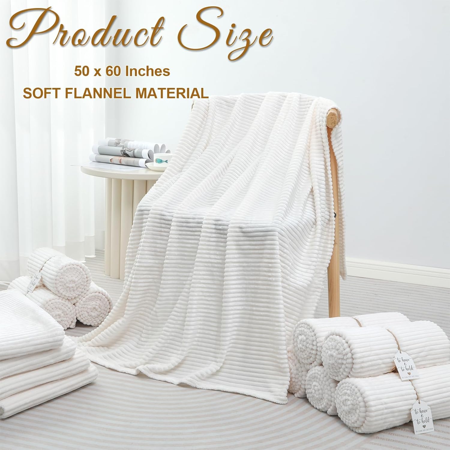 24 Pcs Cream White Wedding Flannel Throw Blanket Bulk 50 x 60 Inch with to Have to Hold Card Striped Ribbed Soft Throw Blanket Lightweight Blankets for Wedding All Seasons Gifts Sofa Room(Cream White)