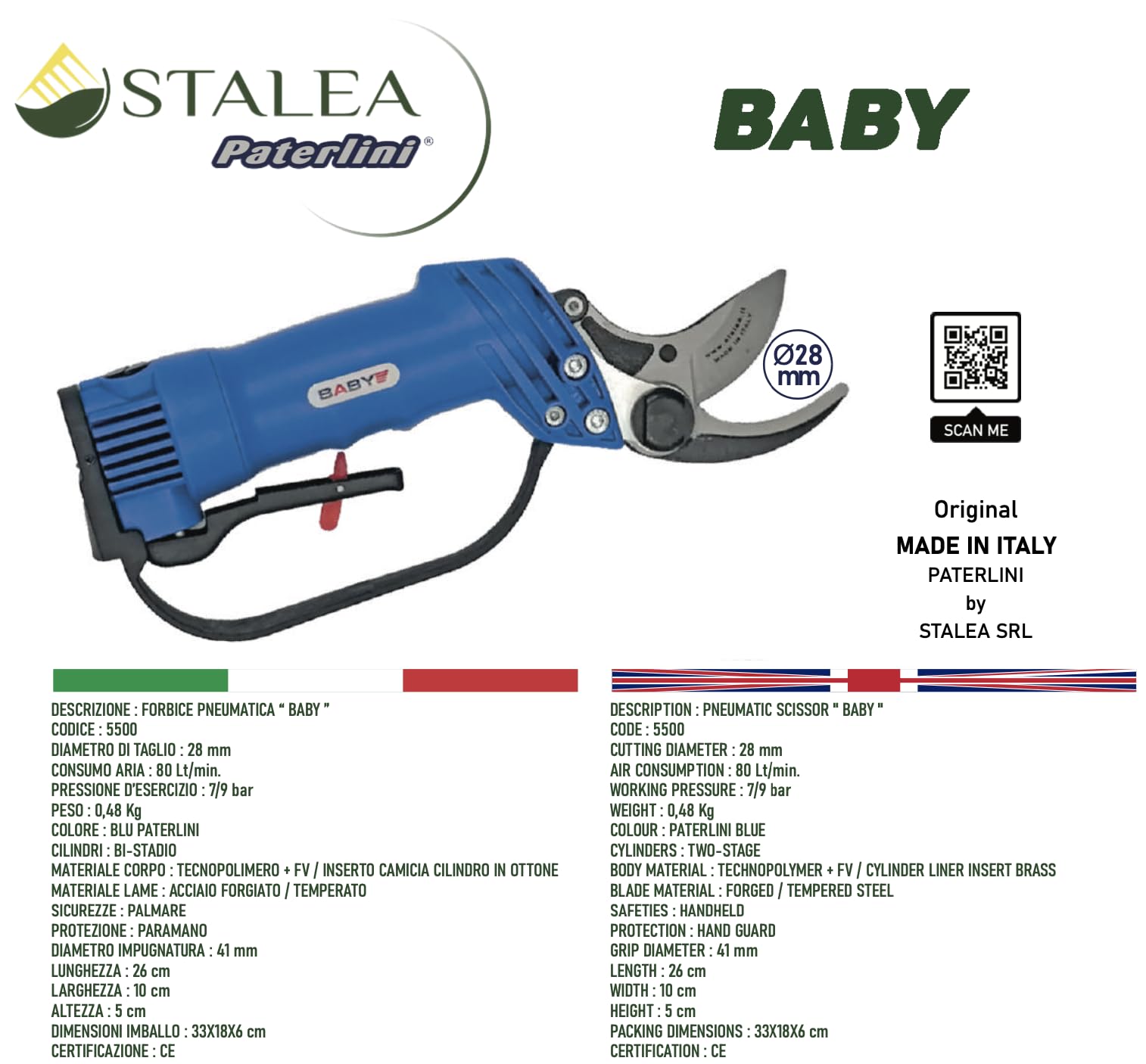 PATERLINI Forbici Potatura Pneumatica, Potatura ad Aria Compressa - Forbice Pnuematica - Cesoie Pneaumtiche per Potatura Facile e Taglio Rami senza fatica - Cesoie Giardinaggio (Baby)
