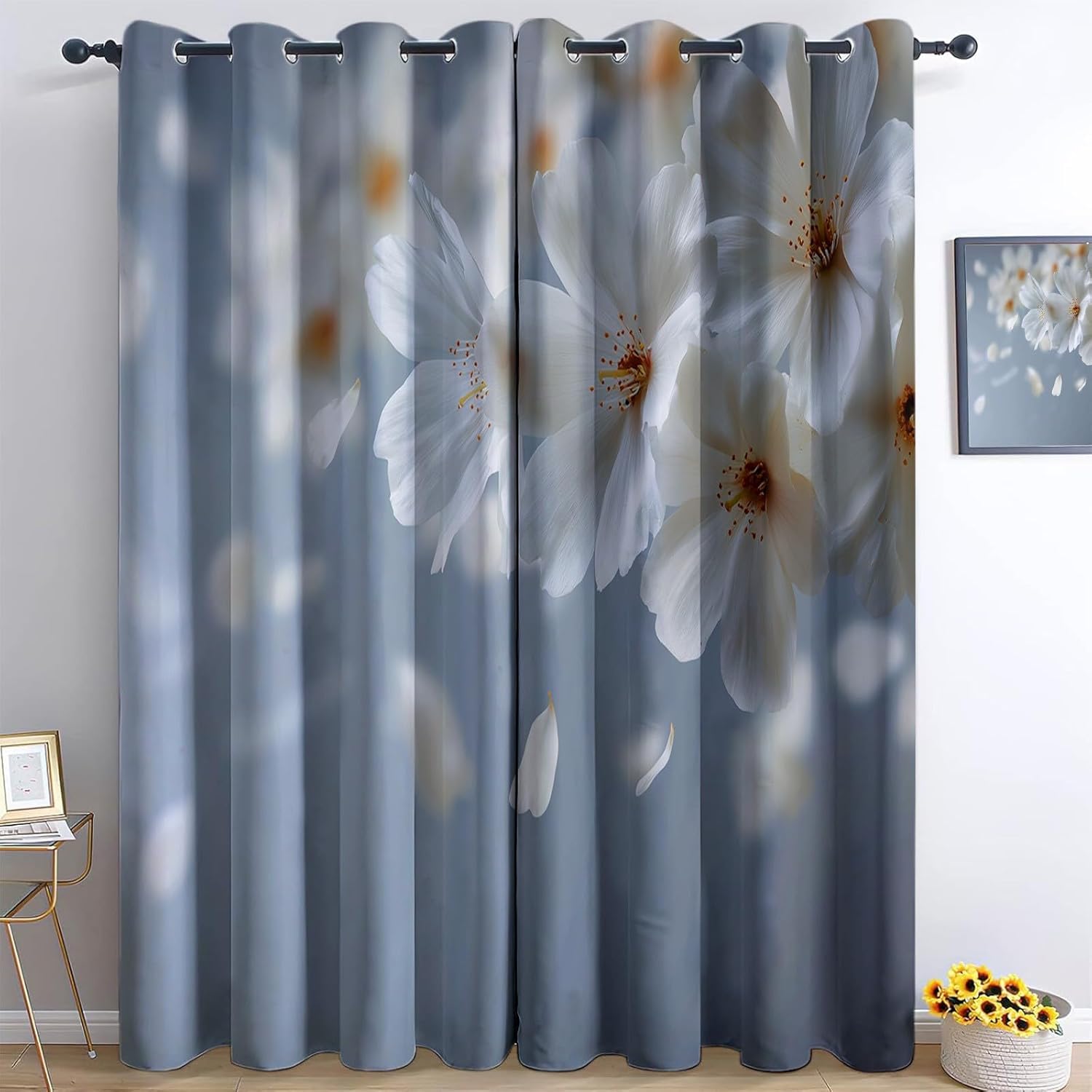 Rideaux occultants fleurs grises bleues blanches isolants 140x200