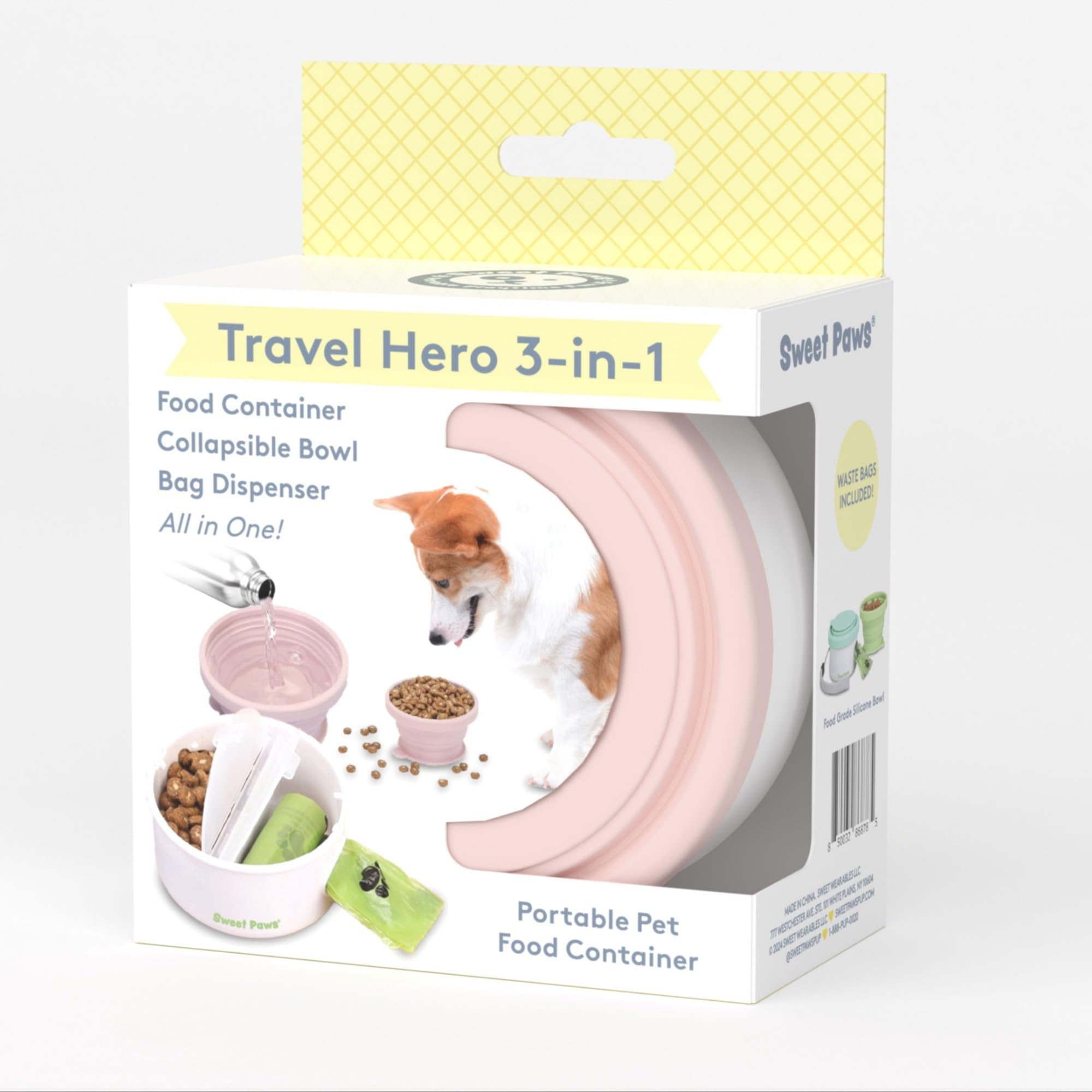 Sweet Paws Travel Hero Récipient portable 3 en 1 pour nourriture pour animaux de compagnie, bol d'eau en silicone et distributeur de sacs à déjections canines en un, rose pâle