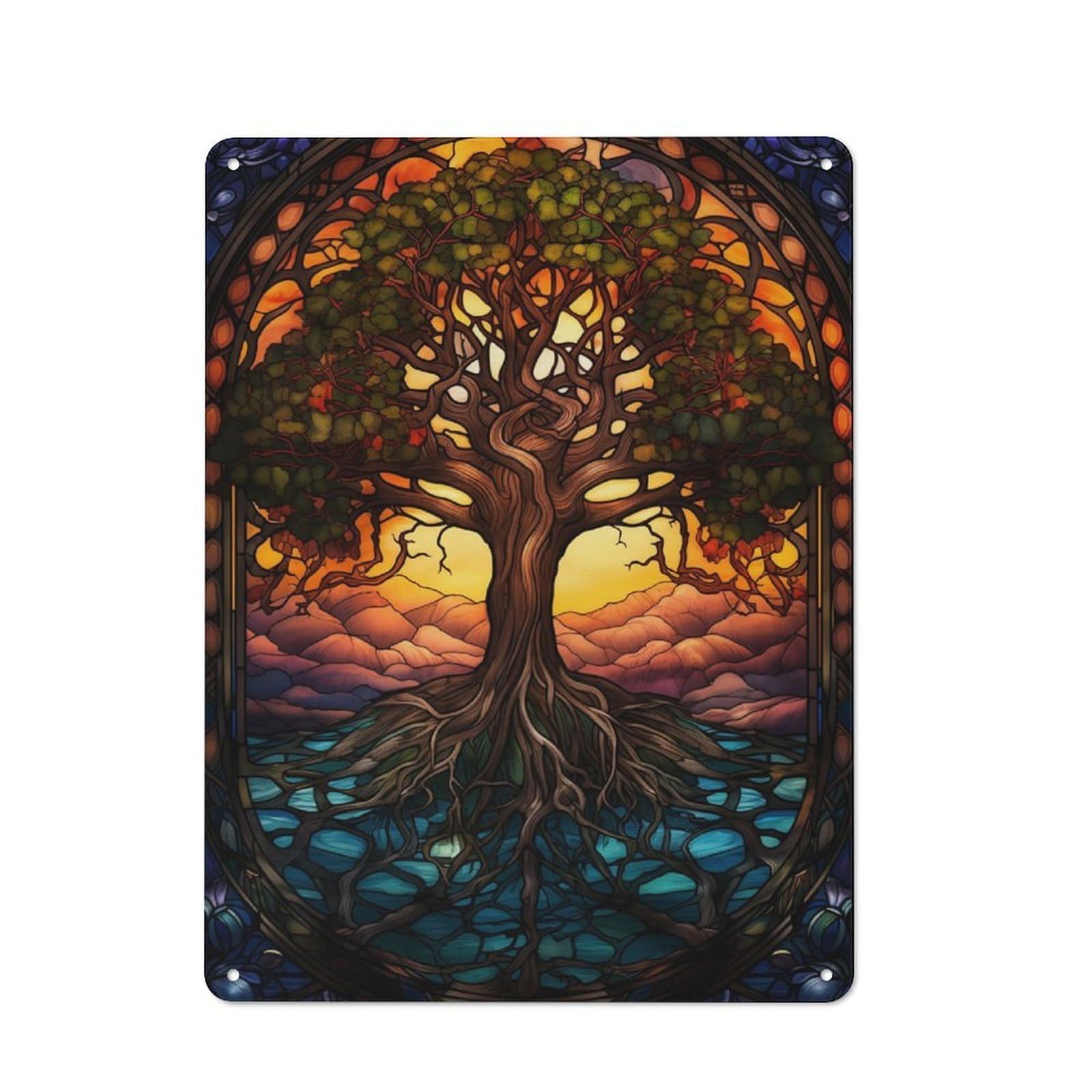 Understated Office Metal Sign 40x30cm Featuring Yggdrasil Stained Glass, Studio Wall Plaque for Office, Study, Studio Or Hallway