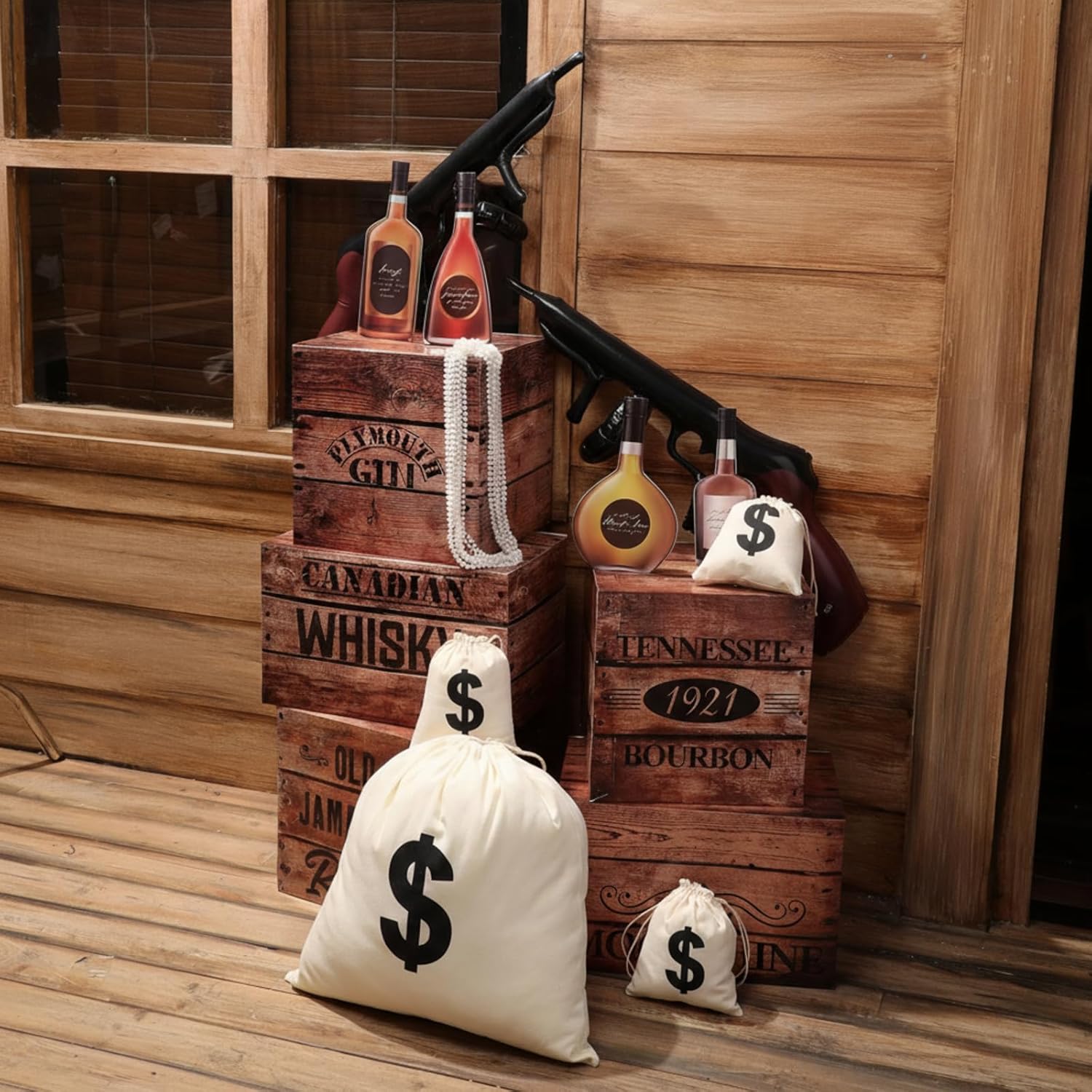 27 Pcs Roaring 20s Party Decorations 1920s Photo Backdrop Speakeasy Decor Including 5 Wood Grain Boxes 4 Whiskey Bottle Cardboard and 4 Dollar Sacks 2 Prop Guns 12 Pearl Necklace(Dark Color)