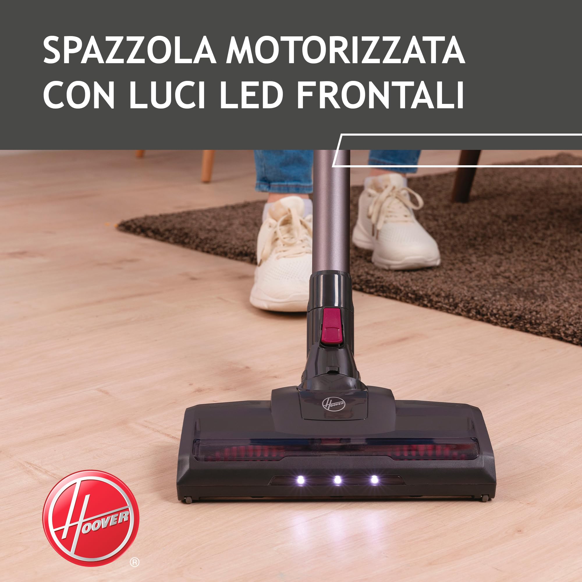 Hoover HF1 HF110P Aspirapolvere Senza Filo, Senza Sacco, 170 W, 0,9 Litri, Autonomia 30 Minuti, Spazzola Animali, Luce LED, 26x23,4x112 cm, Magenta