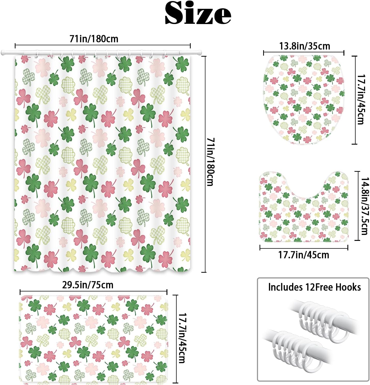 MEHOFOND St. Patrick's Day Shower Curtain Sets 4 Pcs with Shower Curtain,Non-Slip Rugs,Toilet Lid Cover, Bath Mat and 12 Hooks Green Pink Lucky Shamrock Home Decor Saint Patricks Day Bath Curtain Set