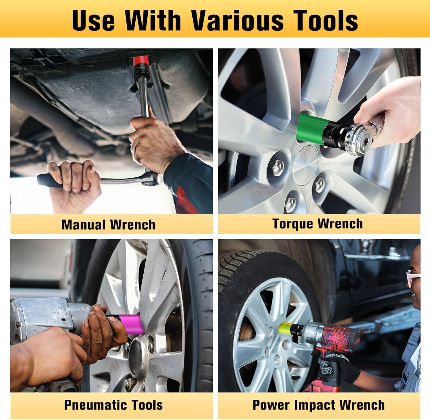 BOEN 1/2" Drive Wheel Protector Impact Socket, Non-Marring Lug Nut Thin Wall Deep Socket Set, CR-MO, 6 Point, Color-Coded Protective Socket | Metric 17 19 21 mm | SAE 13/16 7/8 inch (5 PCS) - Image 6