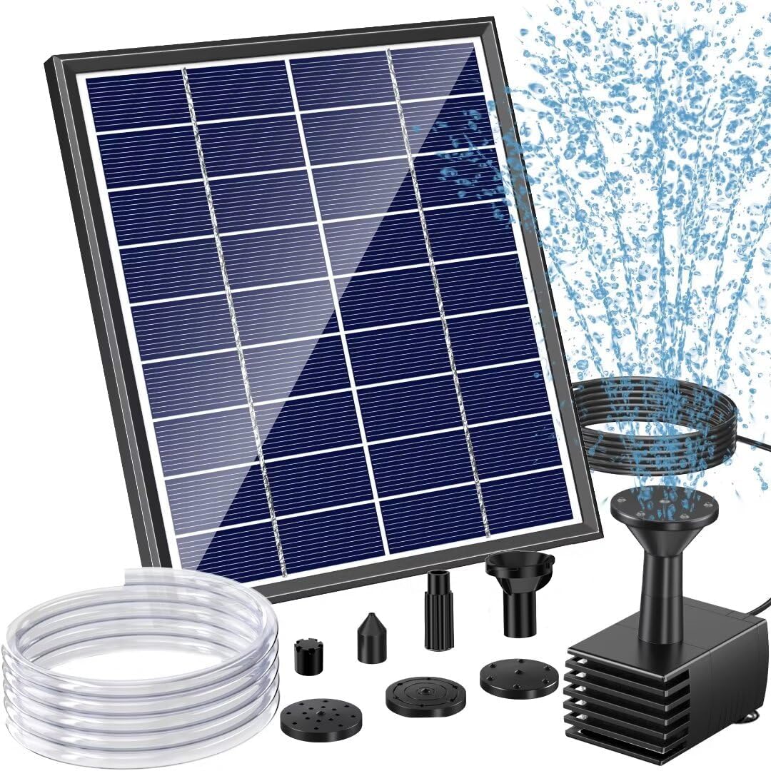 POPOSOAP Fuente solar exterior de 6 W, fuente solar para bebedero para pájaros con manguera de 1,5 m y 5 boquillas, fuente de agua solar DIY para jardín, estanques pequeños, acuarios