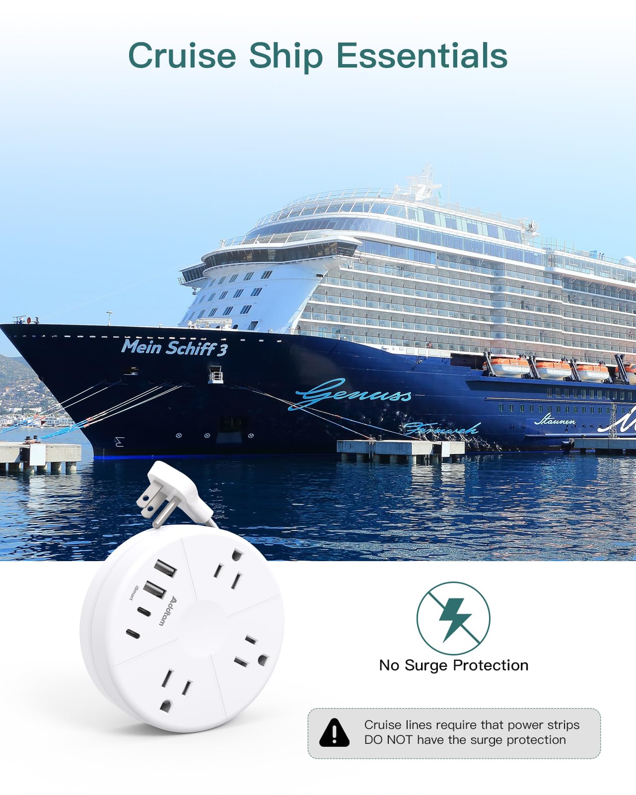 Addtam Travel Esstentials - Cruise Approved Power Strip with 5ft Retractable Cord, Ultra Thin Flat Plug, 3 Outlets 4 USB (2 USB C), Non Surge Protector for Travel/Cruise/Home/Dorm/Office, ETL Listed — view 5