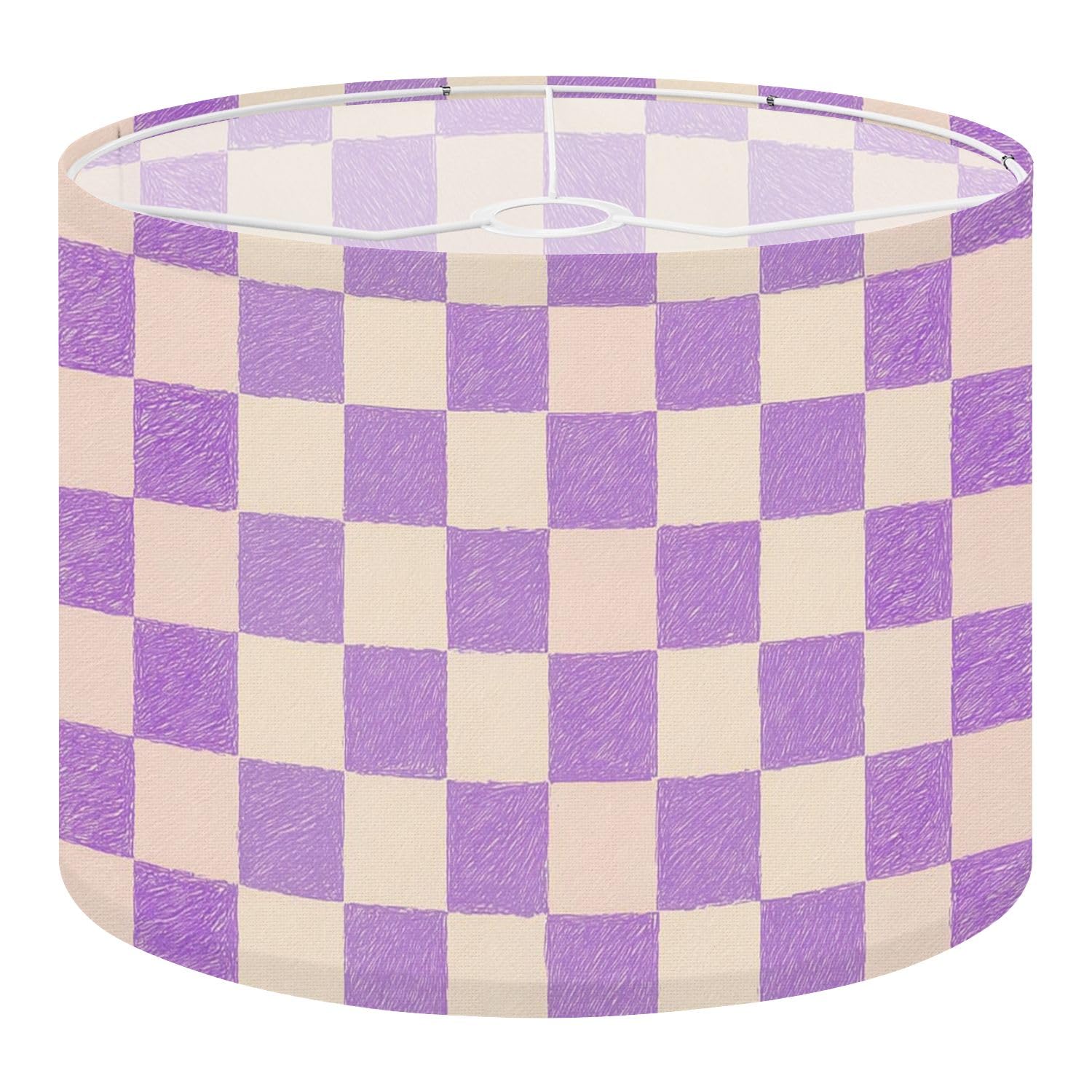 Fabric Drum Lamp Shade Purple Beige Checkerboard Hand Drawn Vintage Funky Medium Linen Decorative Lampshades 13inch Set of 1 for Table Lamps, Floor Lamps,Ceiling Lamp