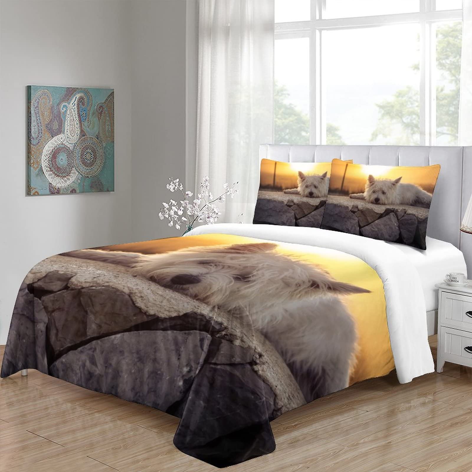 Housse De Couette 140X200 Cm Terrier Blanc Du West Highland, Chien Blanc Parure De Lit 1 Personne Imprimée Microfibre L'hiver Enfants Adultes Housses De Couettes Et 2 Taies D'oreiller 65x65 Cm