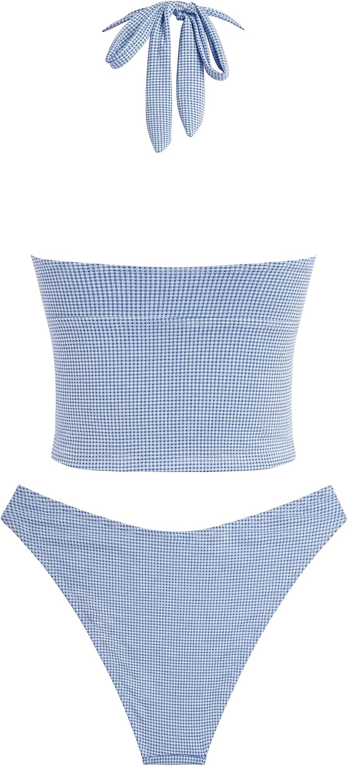 ZAFUL Halter Tummy Control Swimsuits for Women Strapless Tankini 2026 Resort Vacation Bowknot Two piece Set for Teens