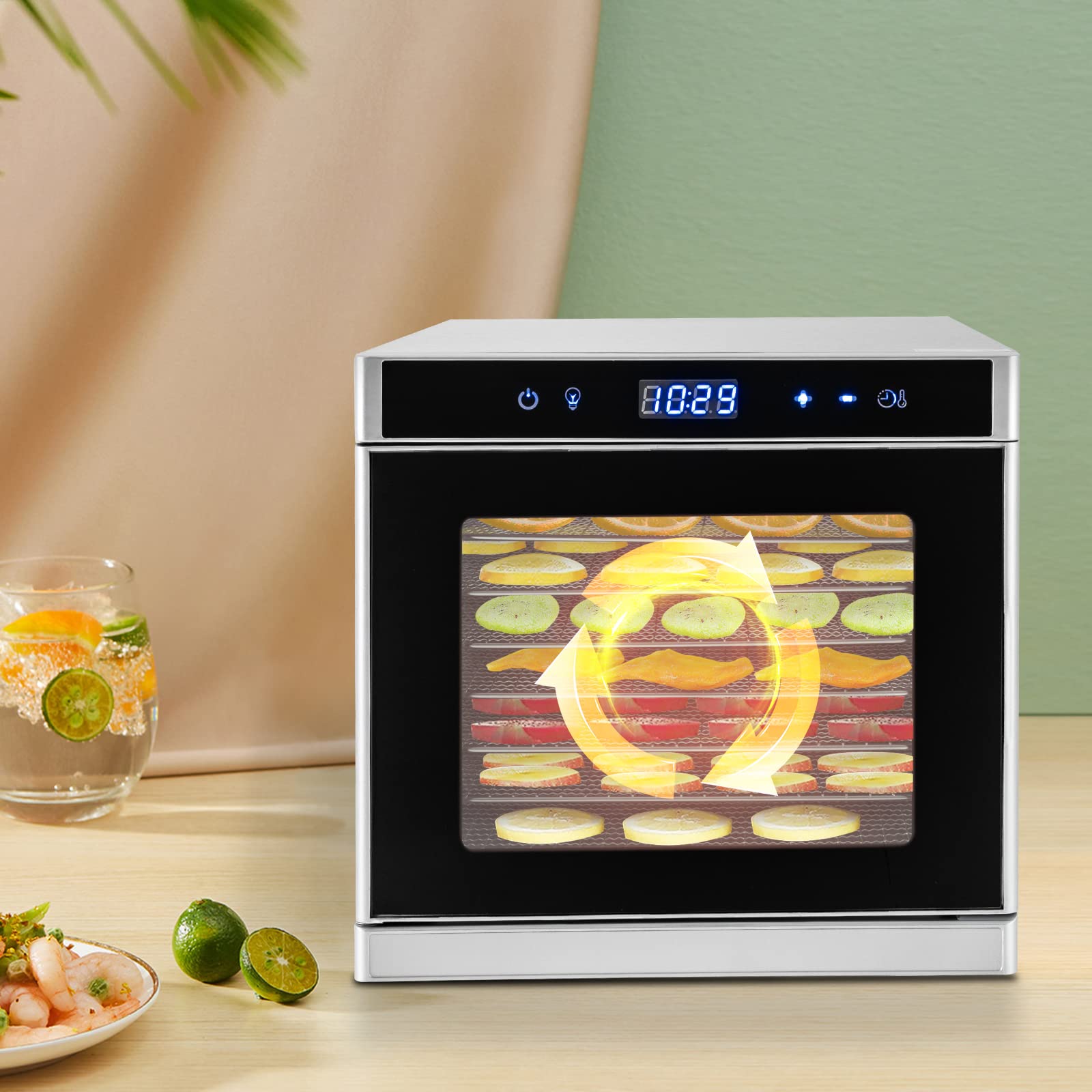 Secadora de acero inoxidable, estante de almacenamiento de acero inoxidable 6/8, con pantalla táctil LCD, control de temperatura 95-167°F temporizador: 30 min. - 24 horas, secador, secador de frutas
