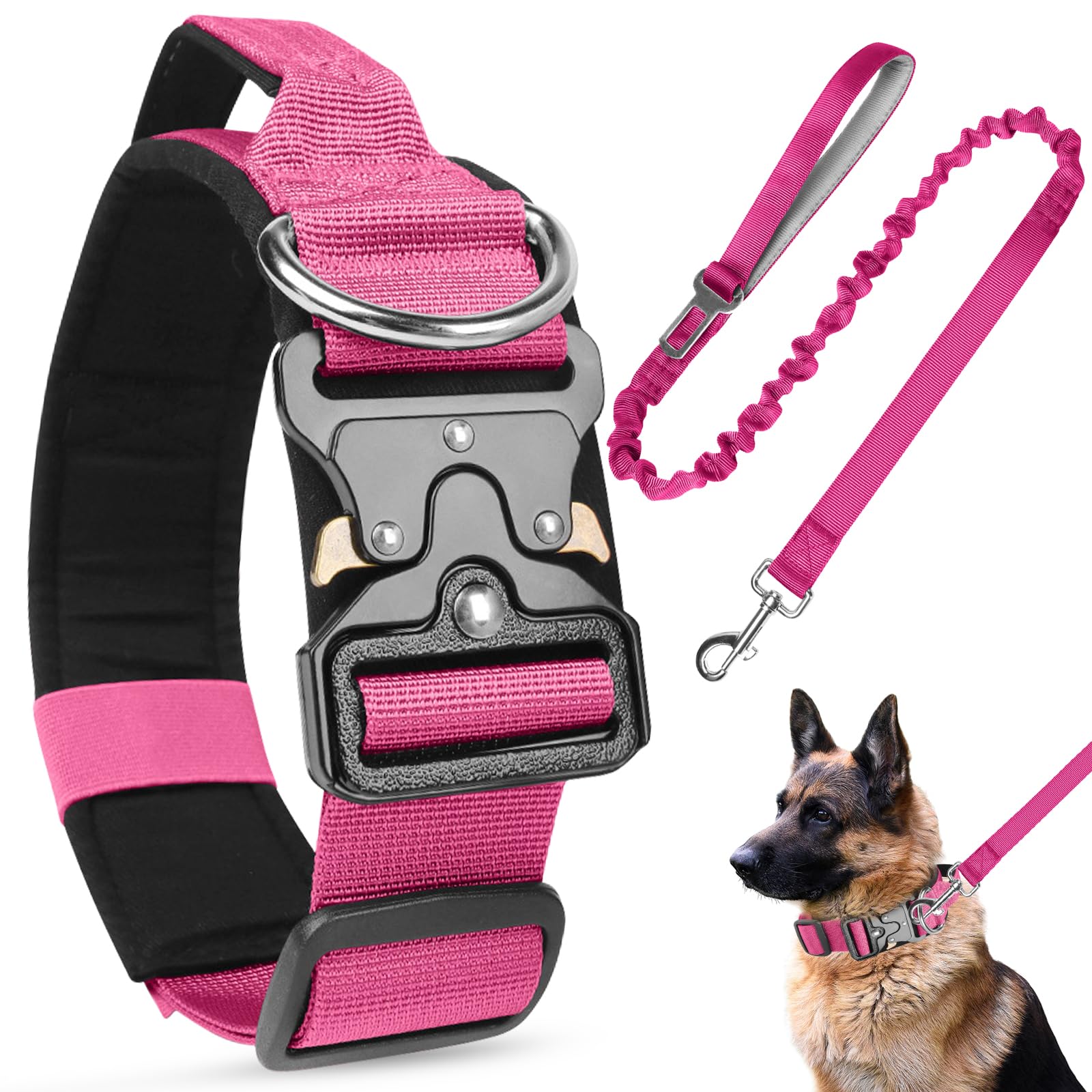 AKOFIC Tactical Dog Collar, Heavy Duty Wide Dog Collar with Handle and Soft Padded, Adjustable Comfortable Pet Collar for Small Medium and Large Dogs Training (Rose Red + Leash, XL) — image 1