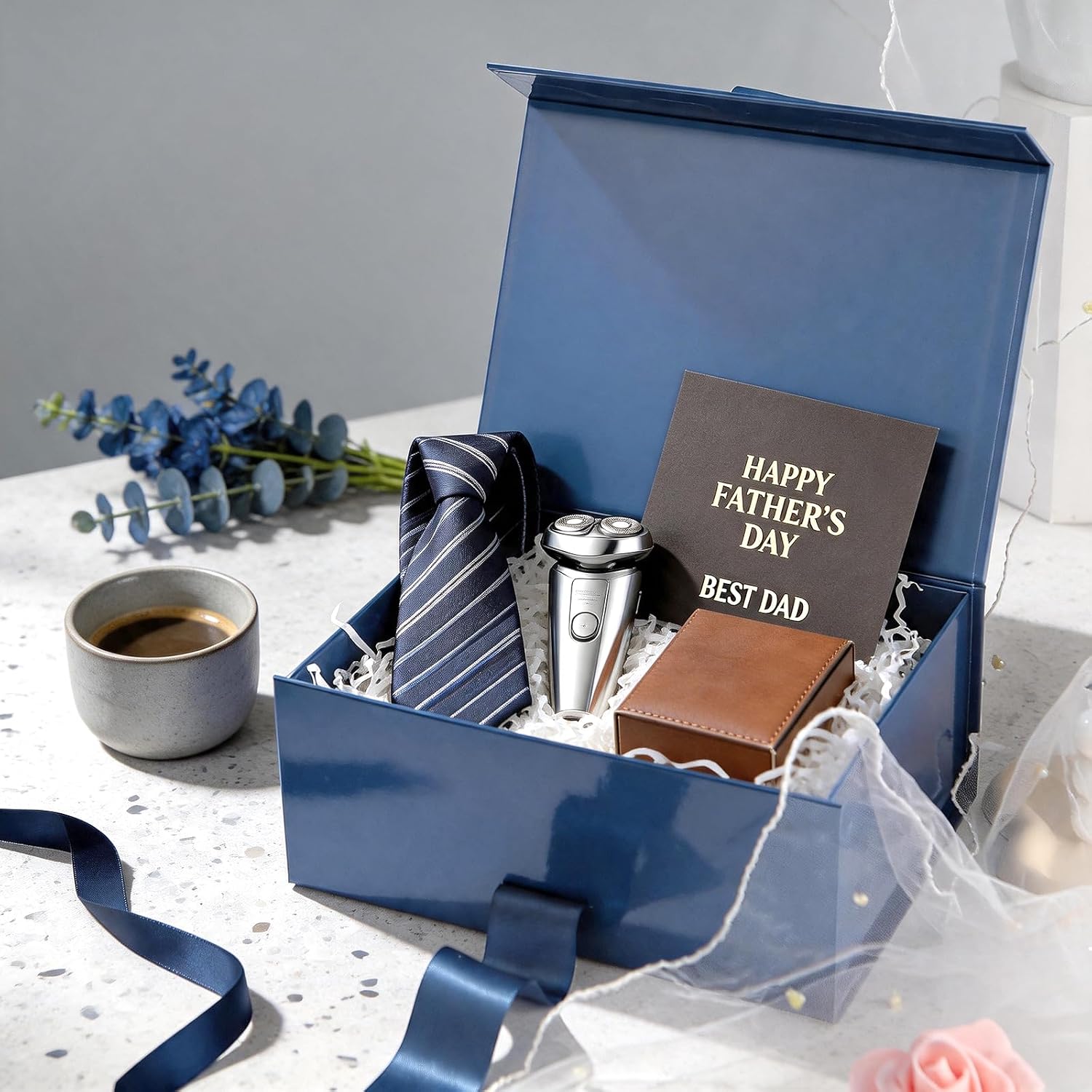 HAPPY POTATO Blue Magnetic Gift Box with Lid and Ribbon 9x6.5x3.8 Inch image 2