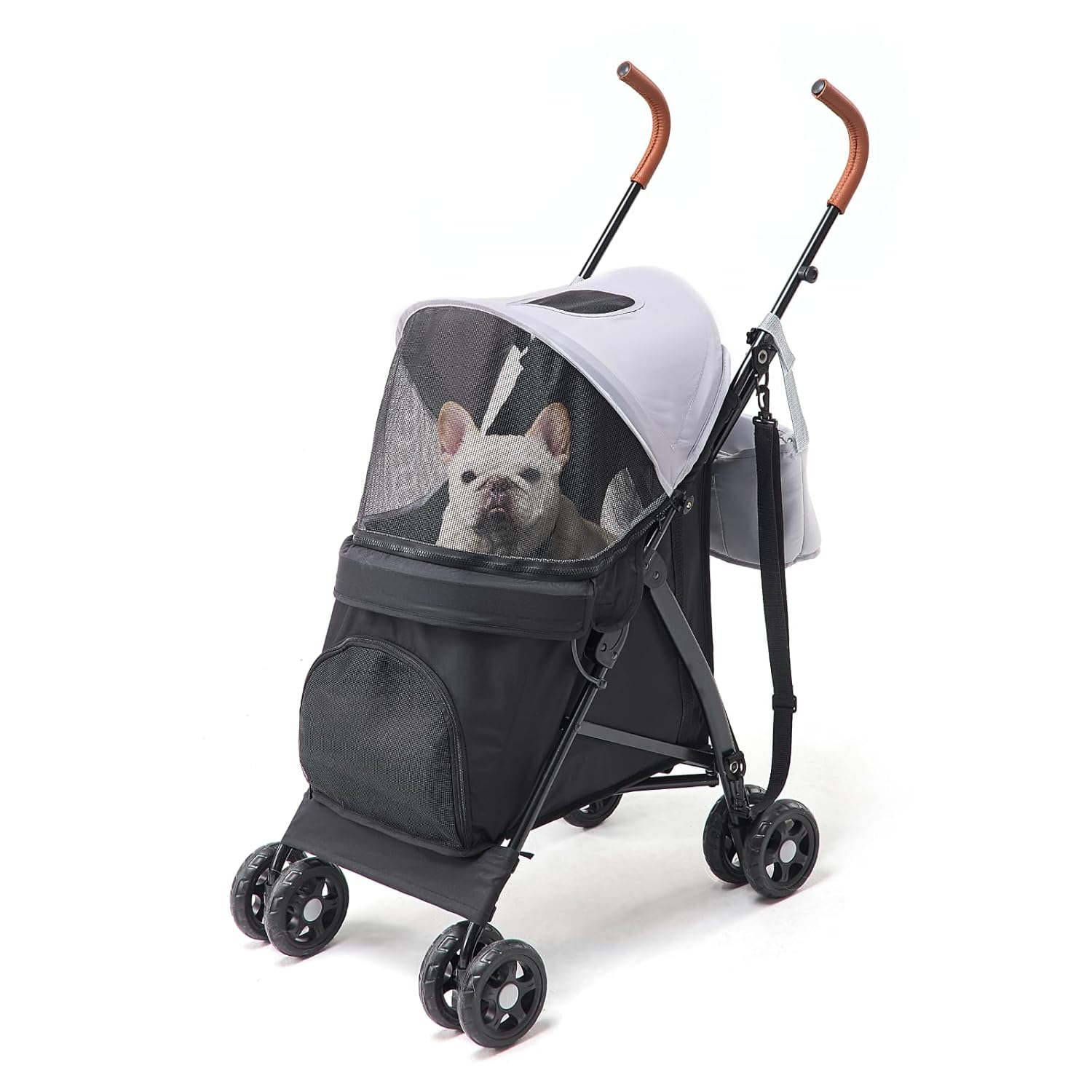 10lbs Ultra-Lightweight Pet Stroller - Compact Folding Umbrella Stroller with Durable Shoulder Strap, 3-Compartment Organizer & Cup Holder - Portable Dog Cat Travel Carriage, Dark Gray