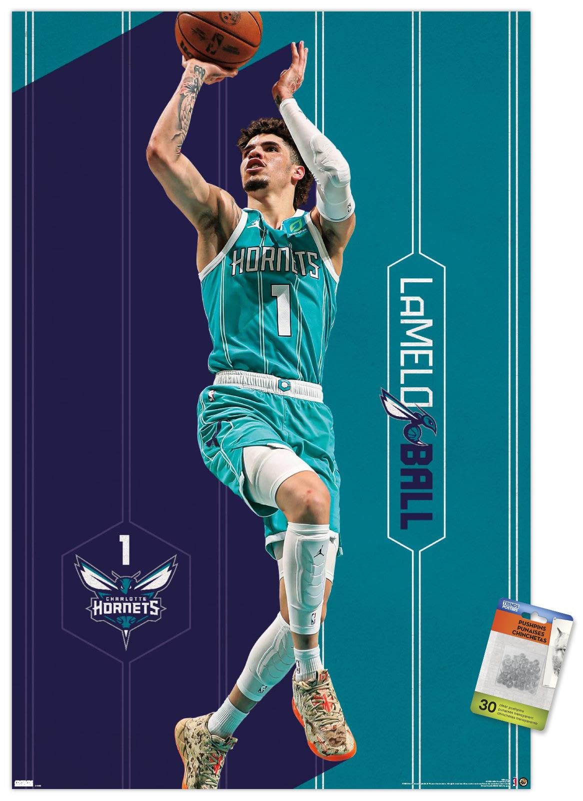 Trends International NBA Charlotte Hornets - LaMelo Ball 23 Wall Poster, 22.37" x 34.00", Poster & Push Pin Bundle