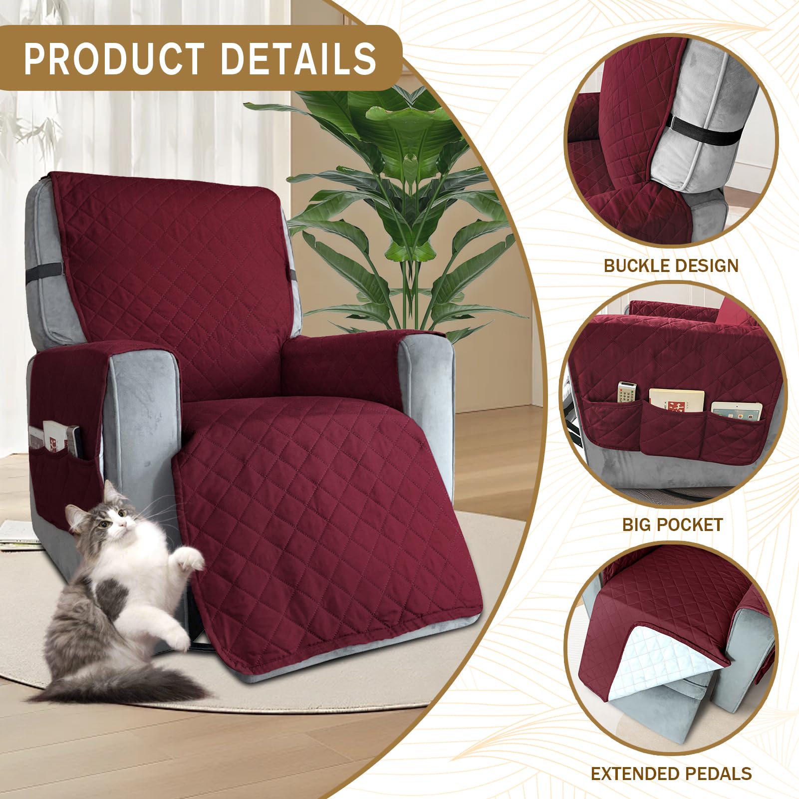 BXFUL Waterproof Recliner Chair Cover with Pockets, Elastic Strap - Image 3