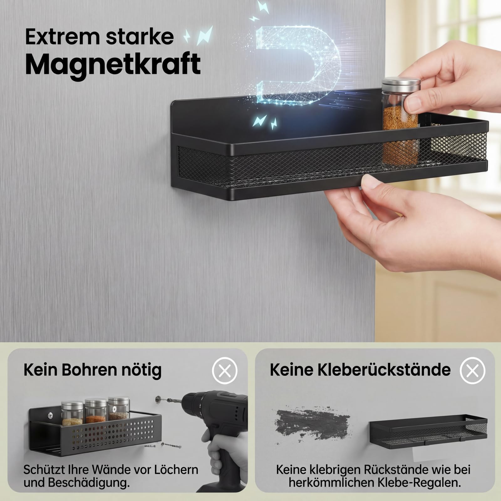 Magnetisches Gewürzregal für Kühlschrank: 4 Pack Magnetregal, 2 große und 2 kleine Regale | Magnetisches Kühlschrankregal Platzsparende Küchenorganisation