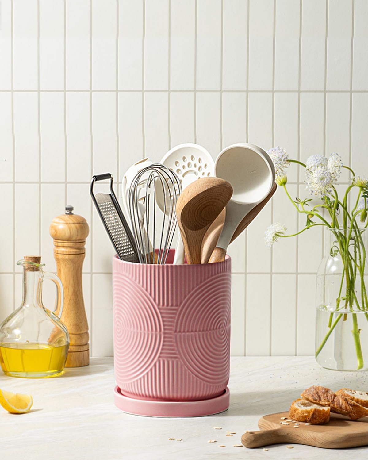 Utensil Holder, 7.2" Kitchen Utensil Holder for Counter, 2-in-1 Ceramic Cooking Utensils Holders with Spoon Rest, Utensil Crock for Spatula, Ideal Housewarming Gift (Pink)
