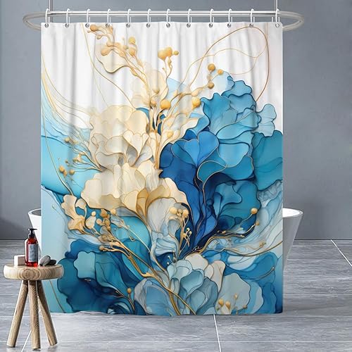 Miniatura 8 de Cortina de ducha con flores grises para baño, juego de cortina de ducha de mármol gris claro y blanco con ganchos, decoración floral abstracta para