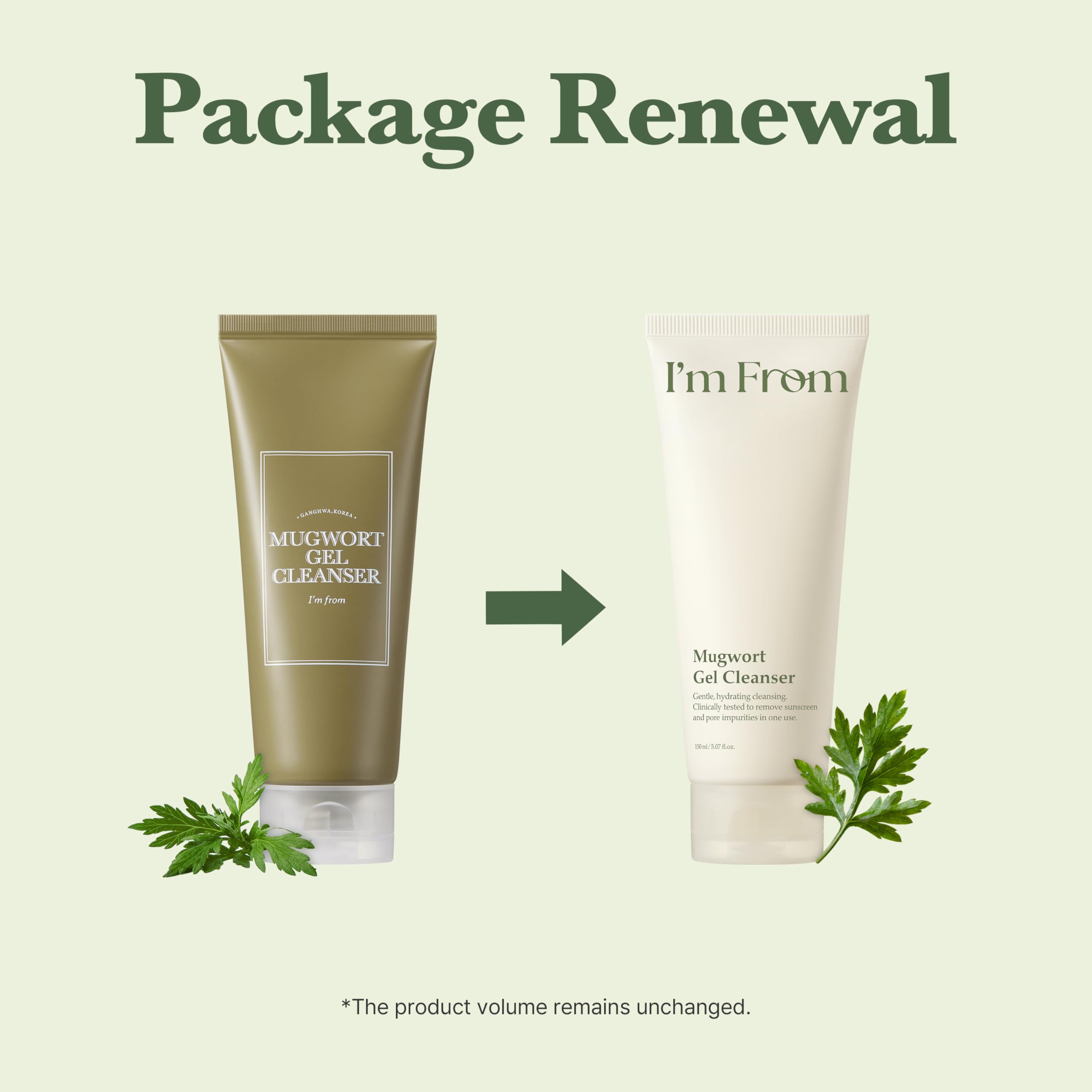 I'm From Mugwort Gel Cleanser 150ml, Mugwort 60%, Calming, Soothing, Mild low pH Korean Face Wash for Sensitive Skin, Irritated Skin, Herbal, Hypoallergenic, Vegan