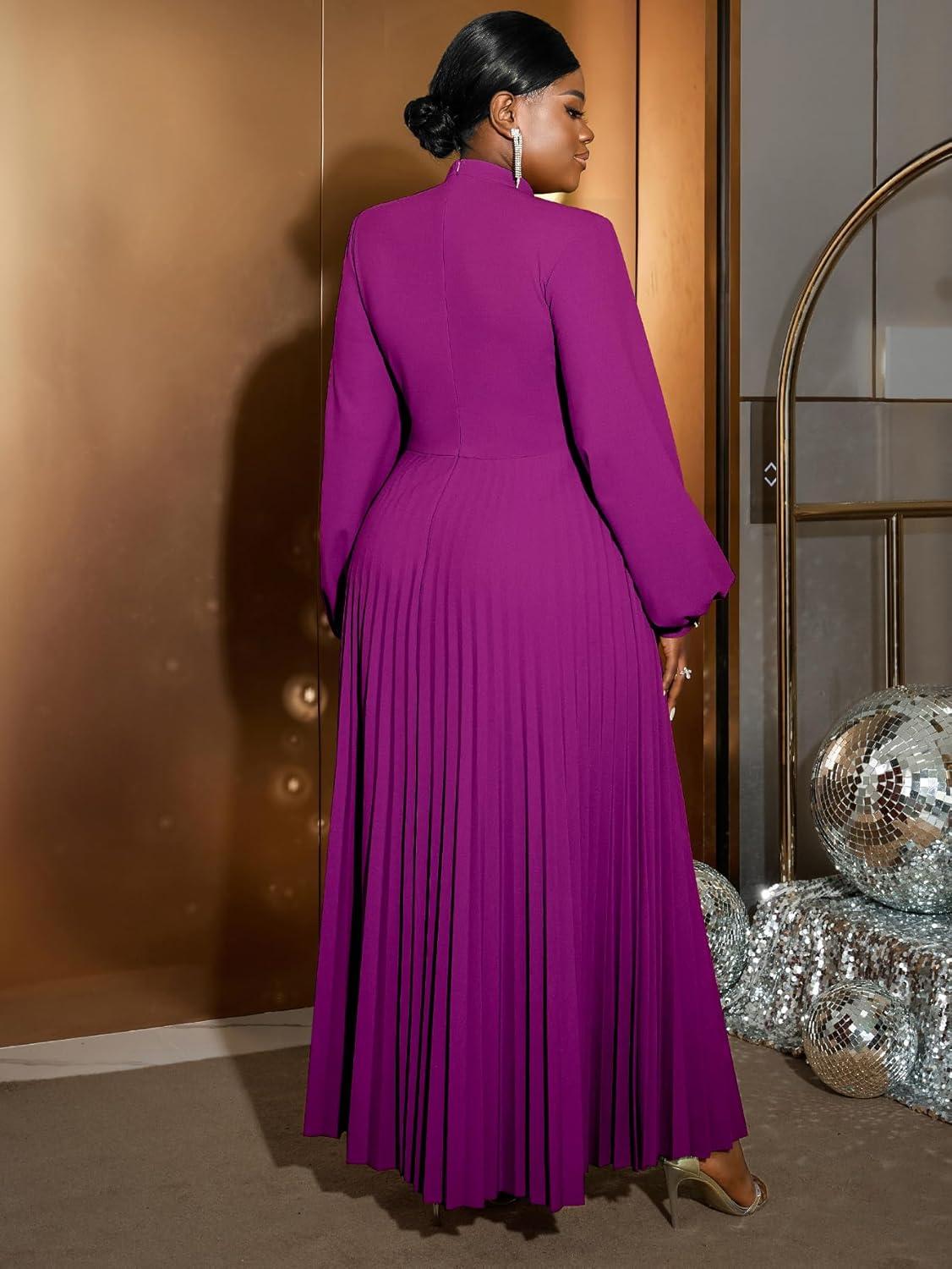 AOMEI Women's Cutout Long Pleated Church Dress Puff Sleeve Stand Collar Casual Dresses for Women Classy - Image 2